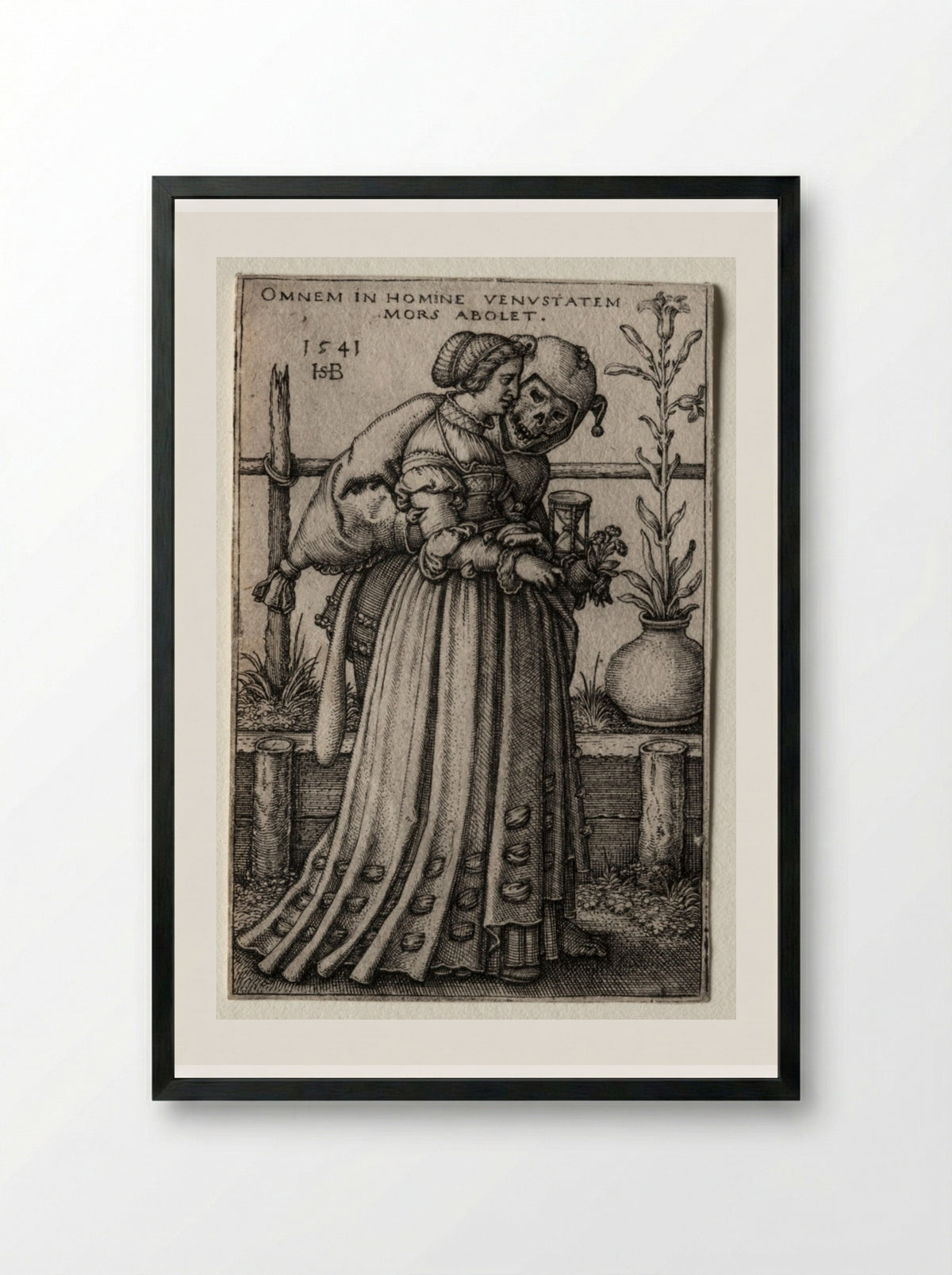 The Lady of Death Masquerading as a Fool - Hans Sebald Beham - Framed Print Black