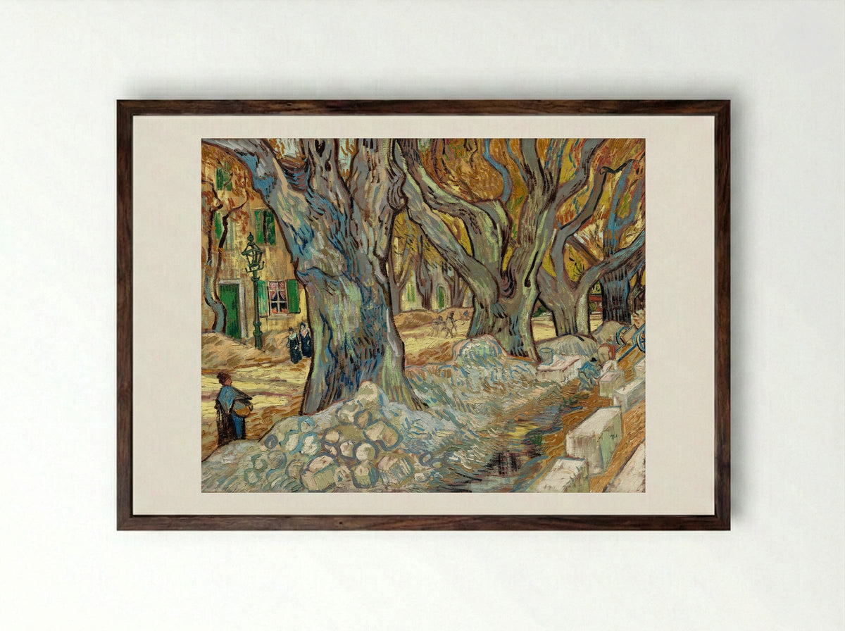 The Large Plane Trees (Road Menders at Saint-Rémy) - Vincent van Gogh - Framed Print Dark Wood
