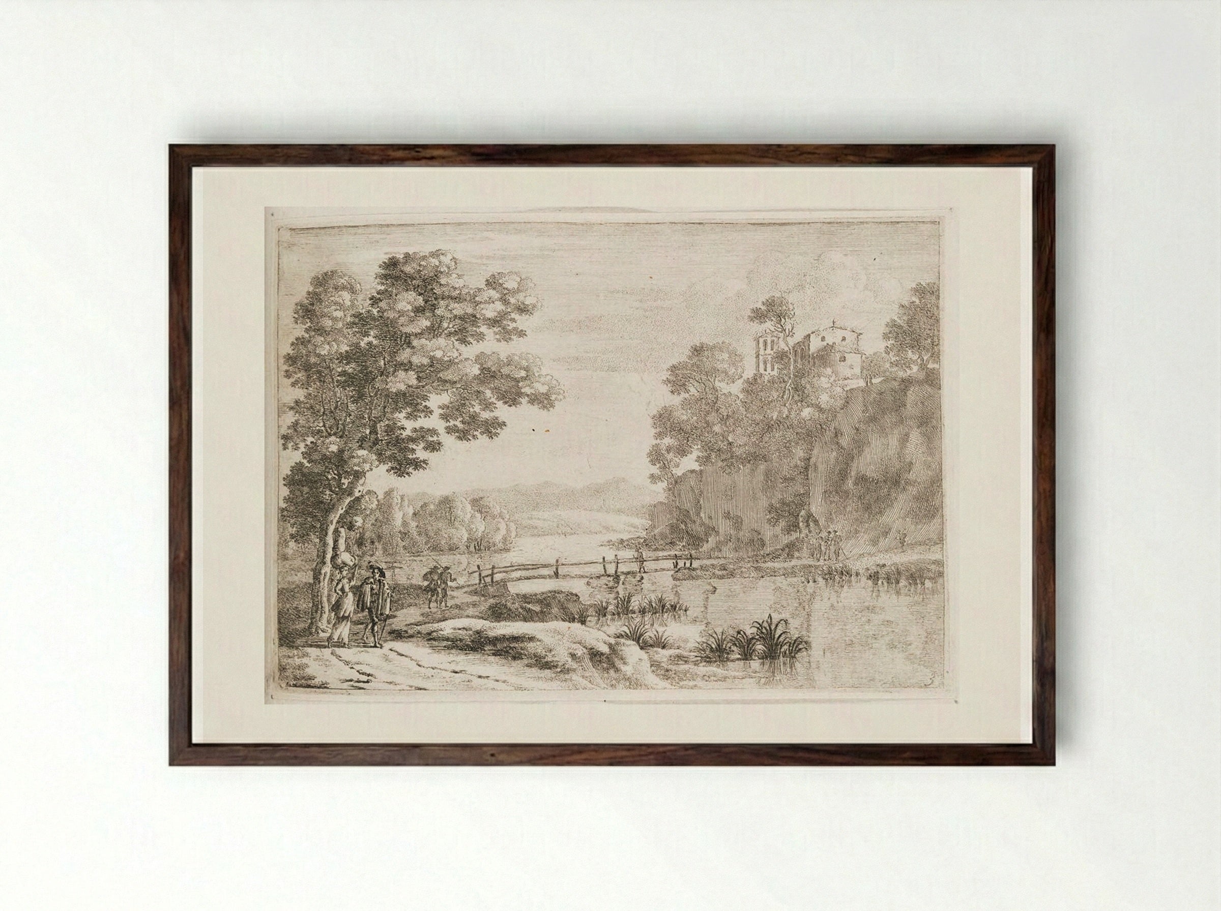 The Large Wooden Bridge - Herman van Swanevelt - Framed Print Dark Wood