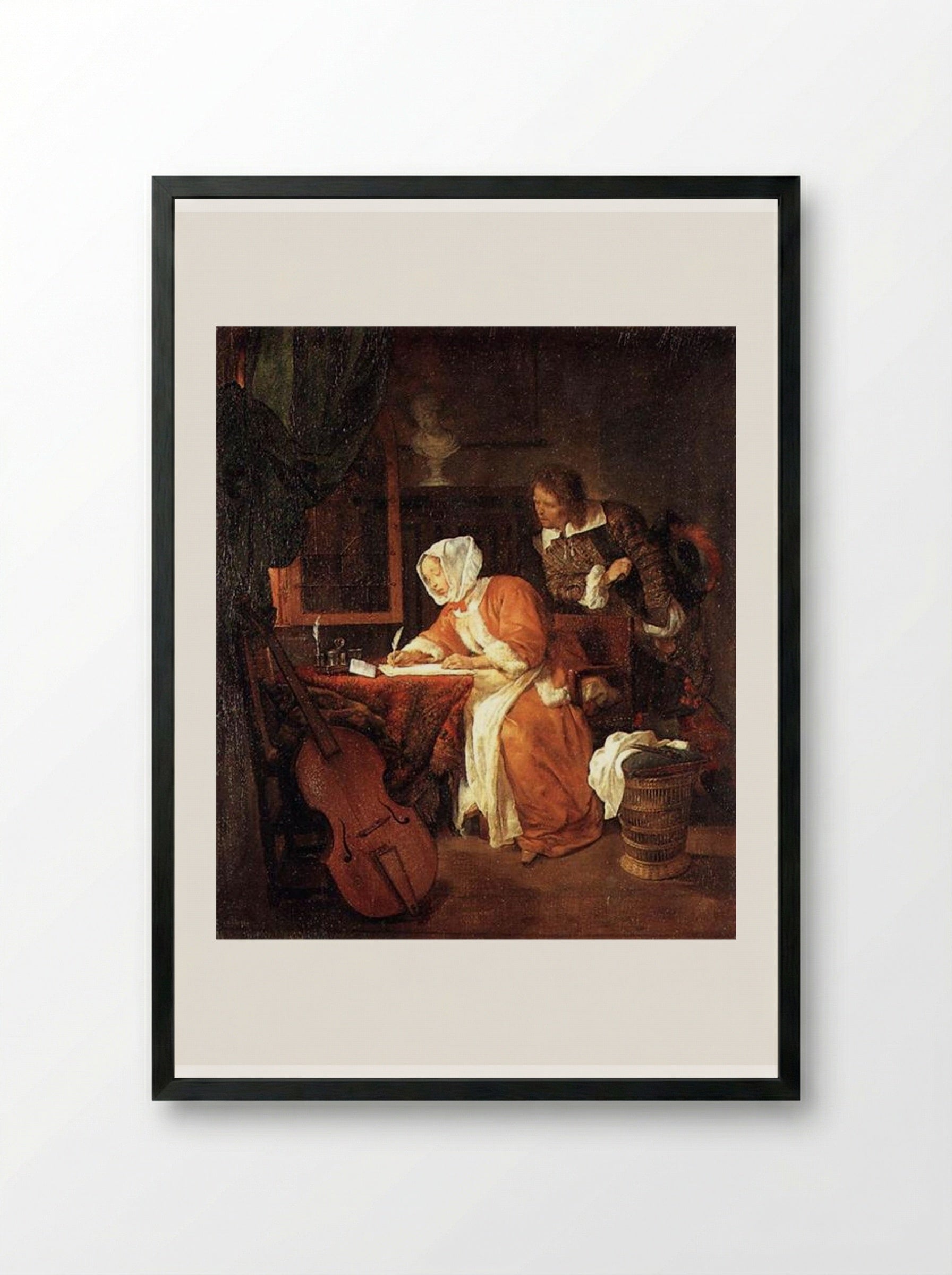 The Letter Writer Surprised - Gabriel Metsu - Framed Print Black