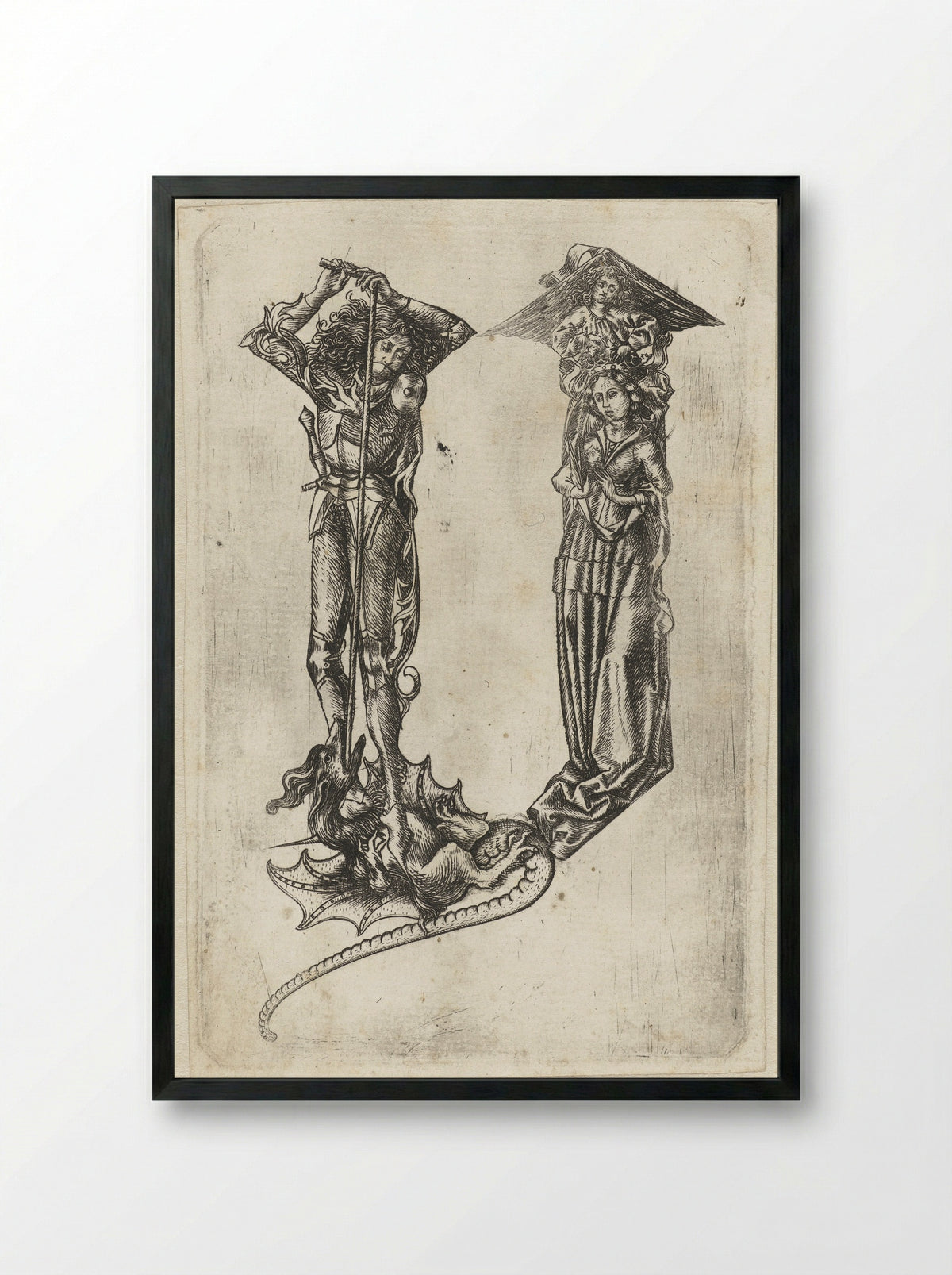 The Letter Y with Saint George and the Dragon - Master E.S. - Framed Print Black