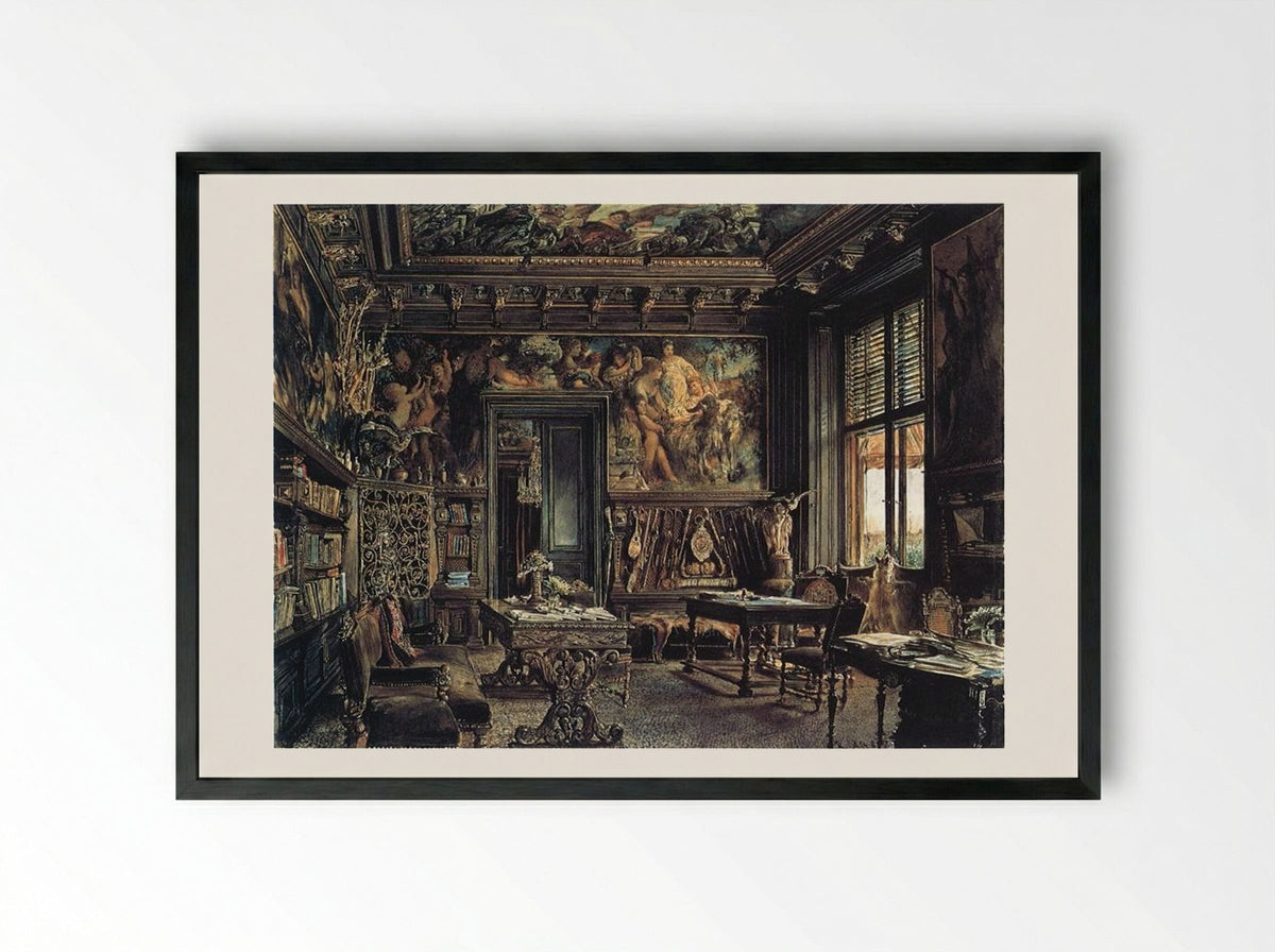 The Library in the Palais Dumba - Rudolf von Alt - Framed Print Black