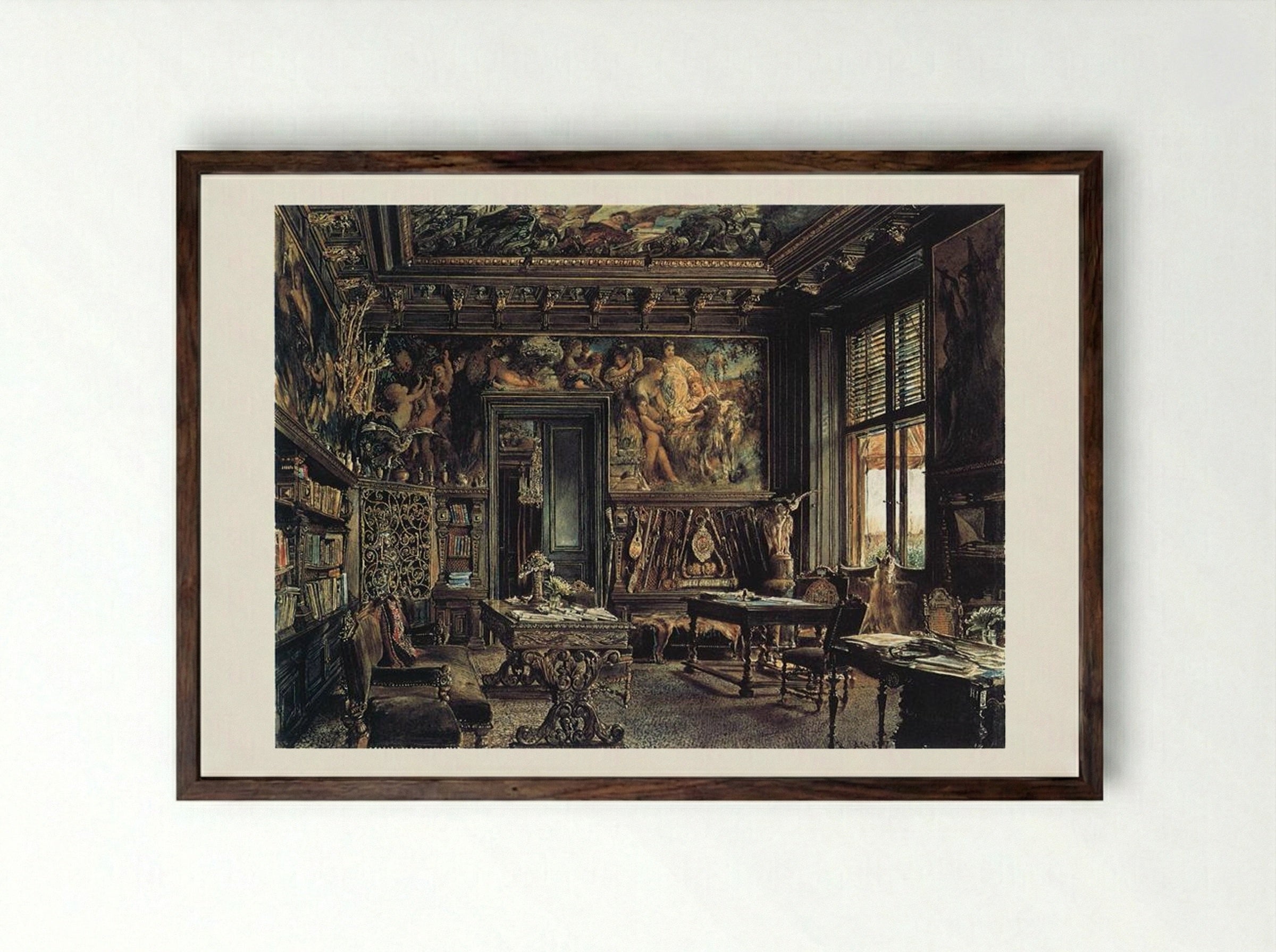 The Library in the Palais Dumba - Rudolf von Alt - Framed Print Dark Wood