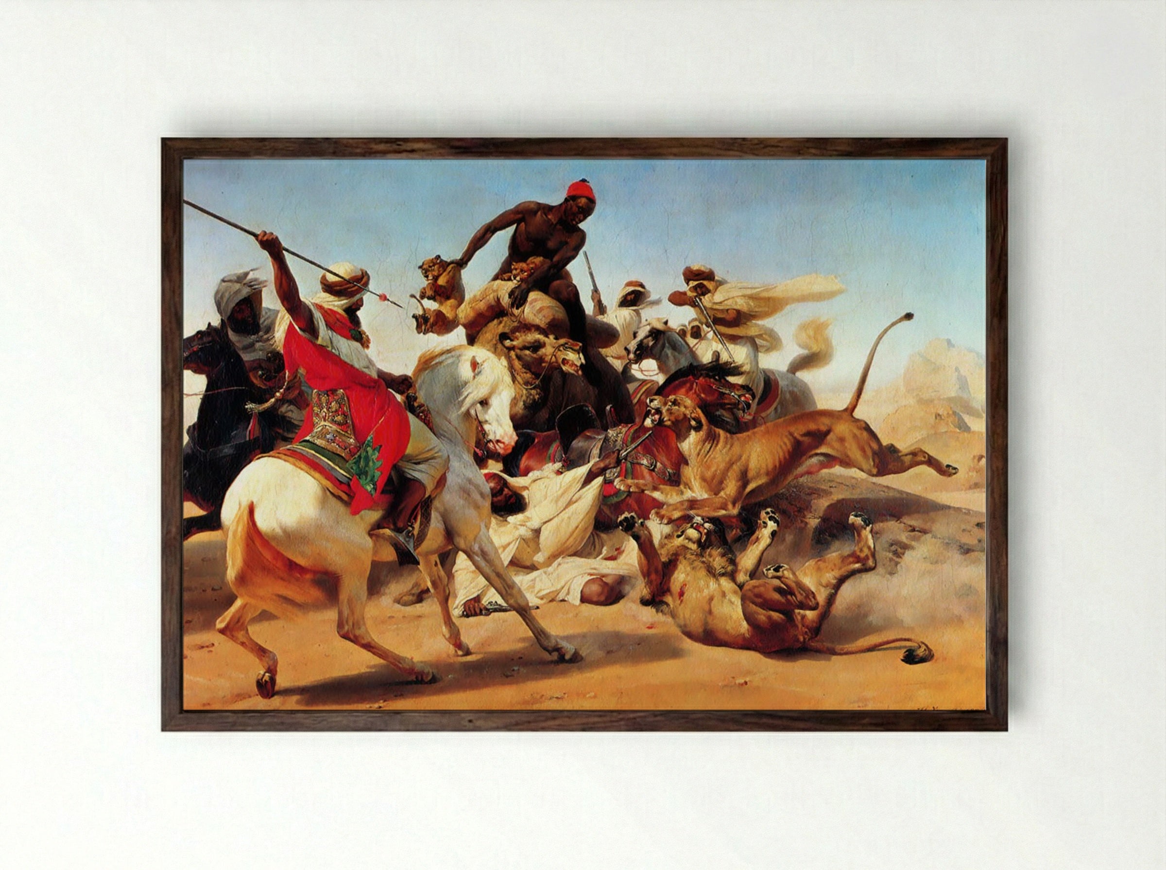 The Lion Hunt - Horace Vernet - Framed Print Dark Wood