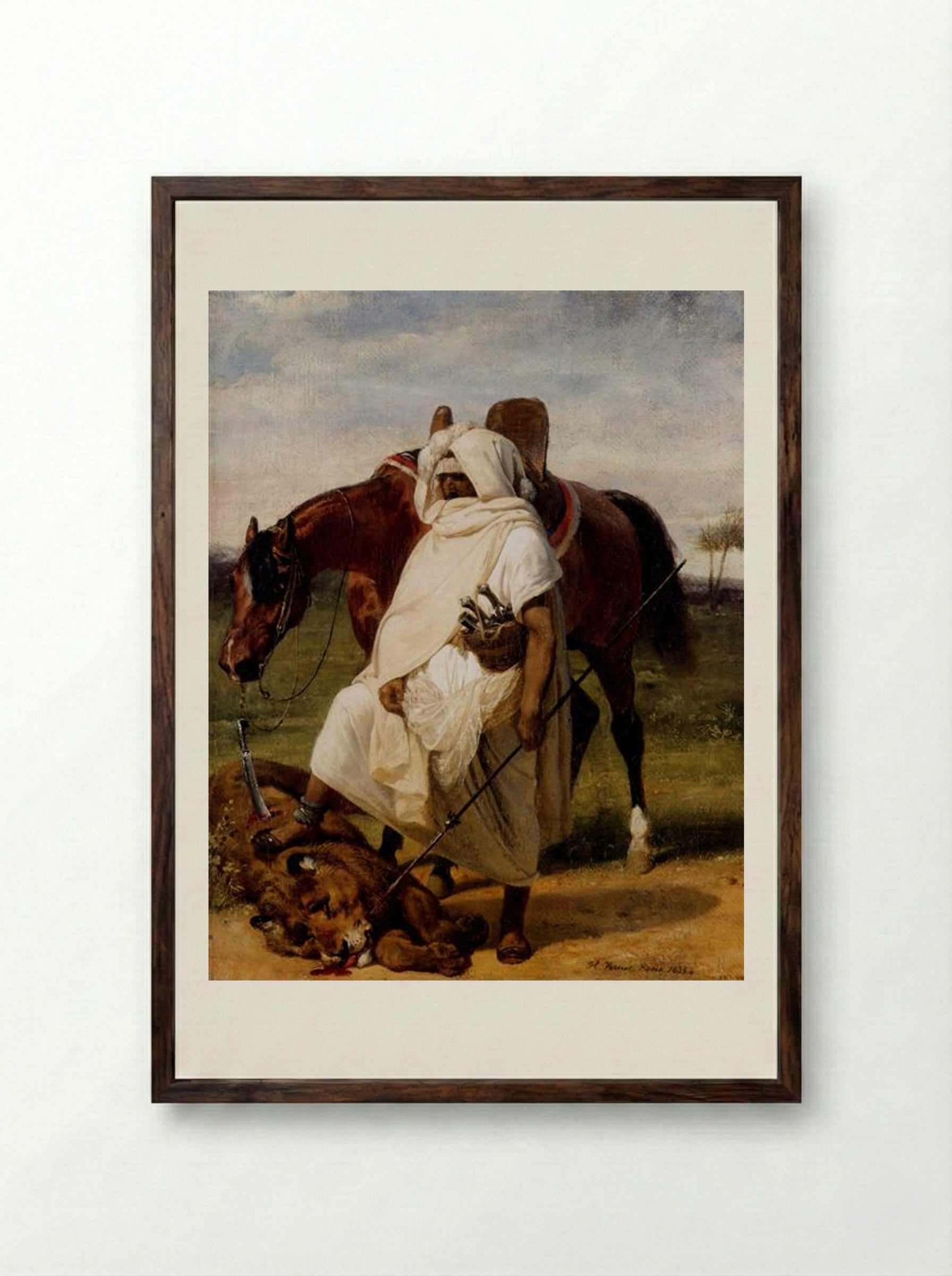 The Lion Hunter - Horace Vernet - Framed Print Dark Wood