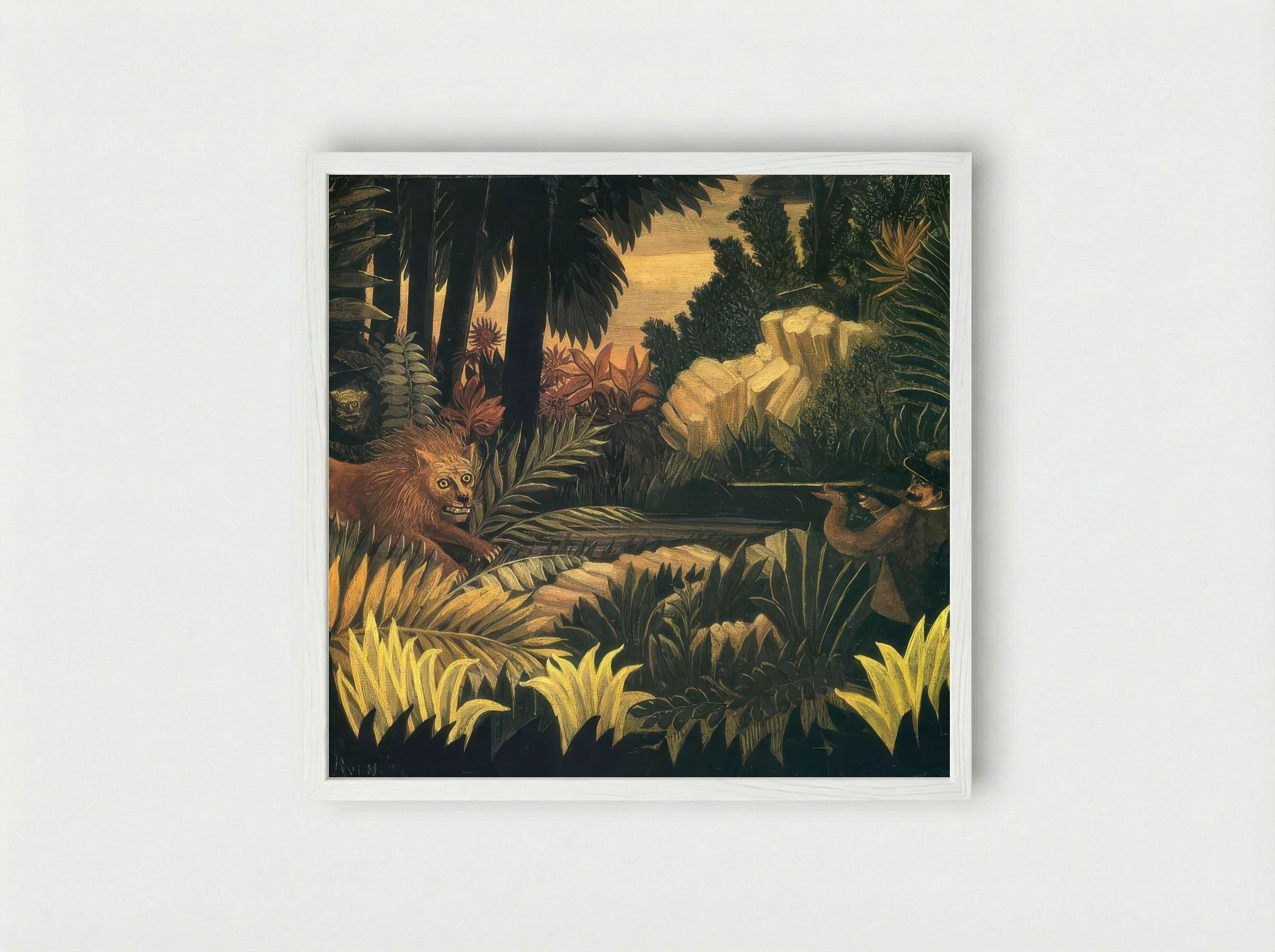 The Lion Hunter by Henri Rousseau – Naïve Art Jungle Adventure Print - Framed Print White