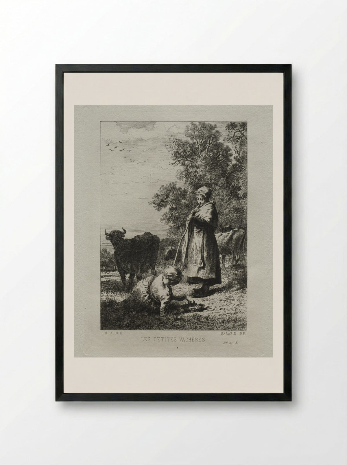 The Little Cowherds - Charles-Émile Jacque - Framed Print Black