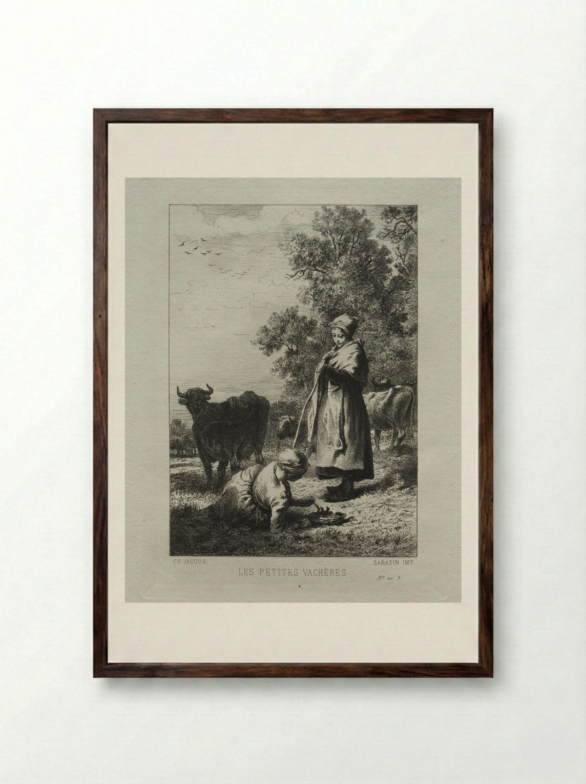 The Little Cowherds - Charles-Émile Jacque - Framed Print Dark Wood
