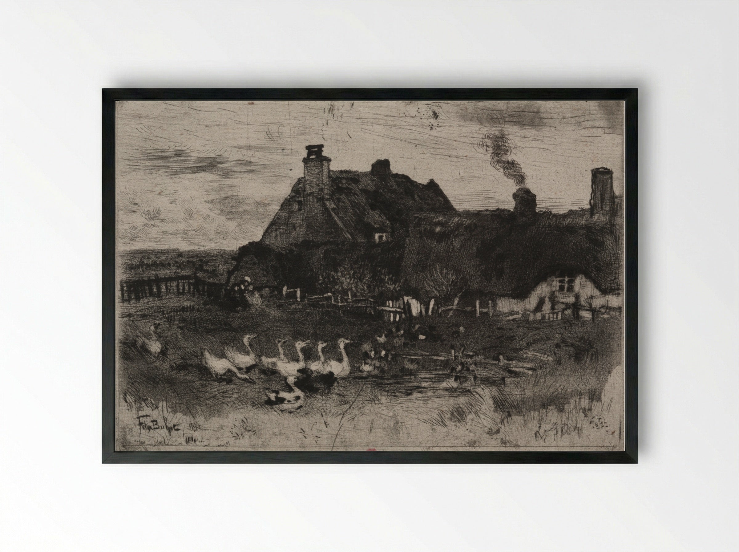 The Little Thatched Cottages - Félix Hilaire Buhot - Framed Print Black