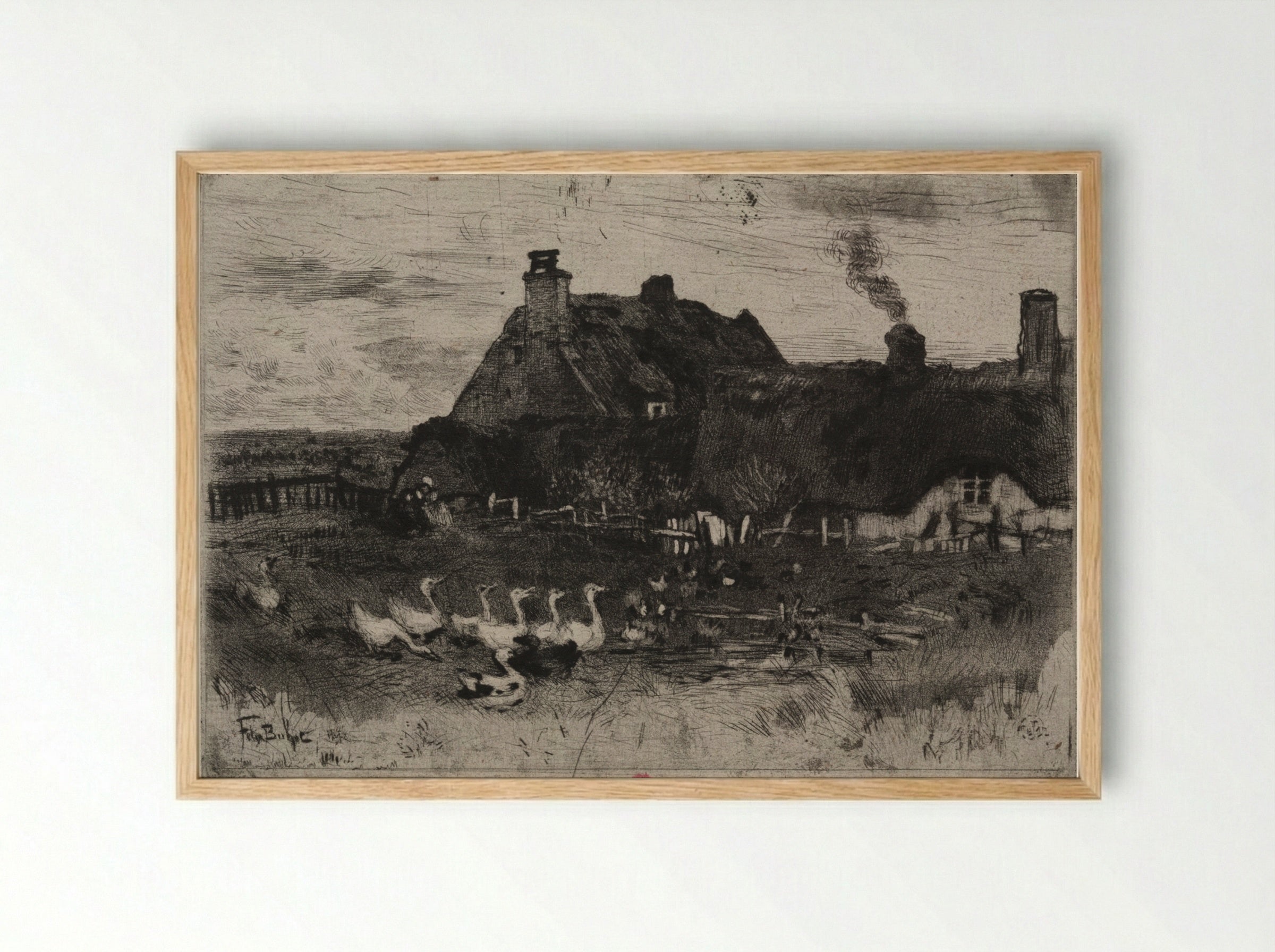 The Little Thatched Cottages - Félix Hilaire Buhot - Framed Print Wood