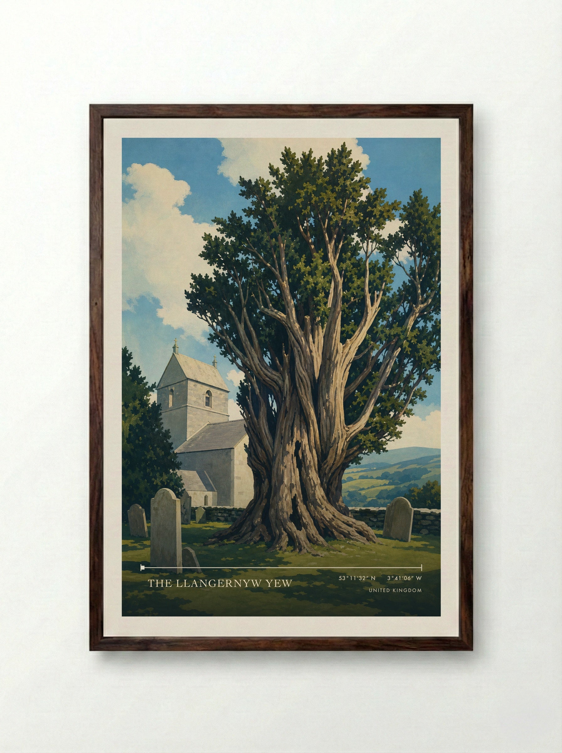 The Llangernyw Yew United Kingdom Travel Poster - Framed Print Dark Wood
