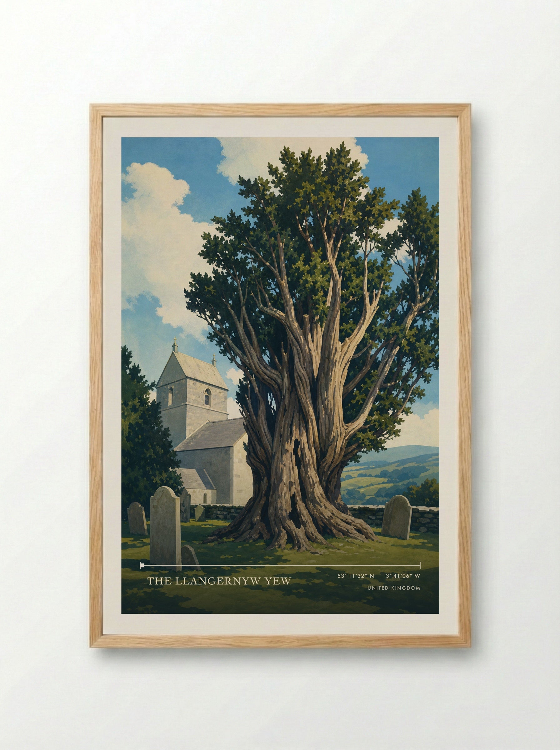 The Llangernyw Yew United Kingdom Travel Poster - Framed Print Wood