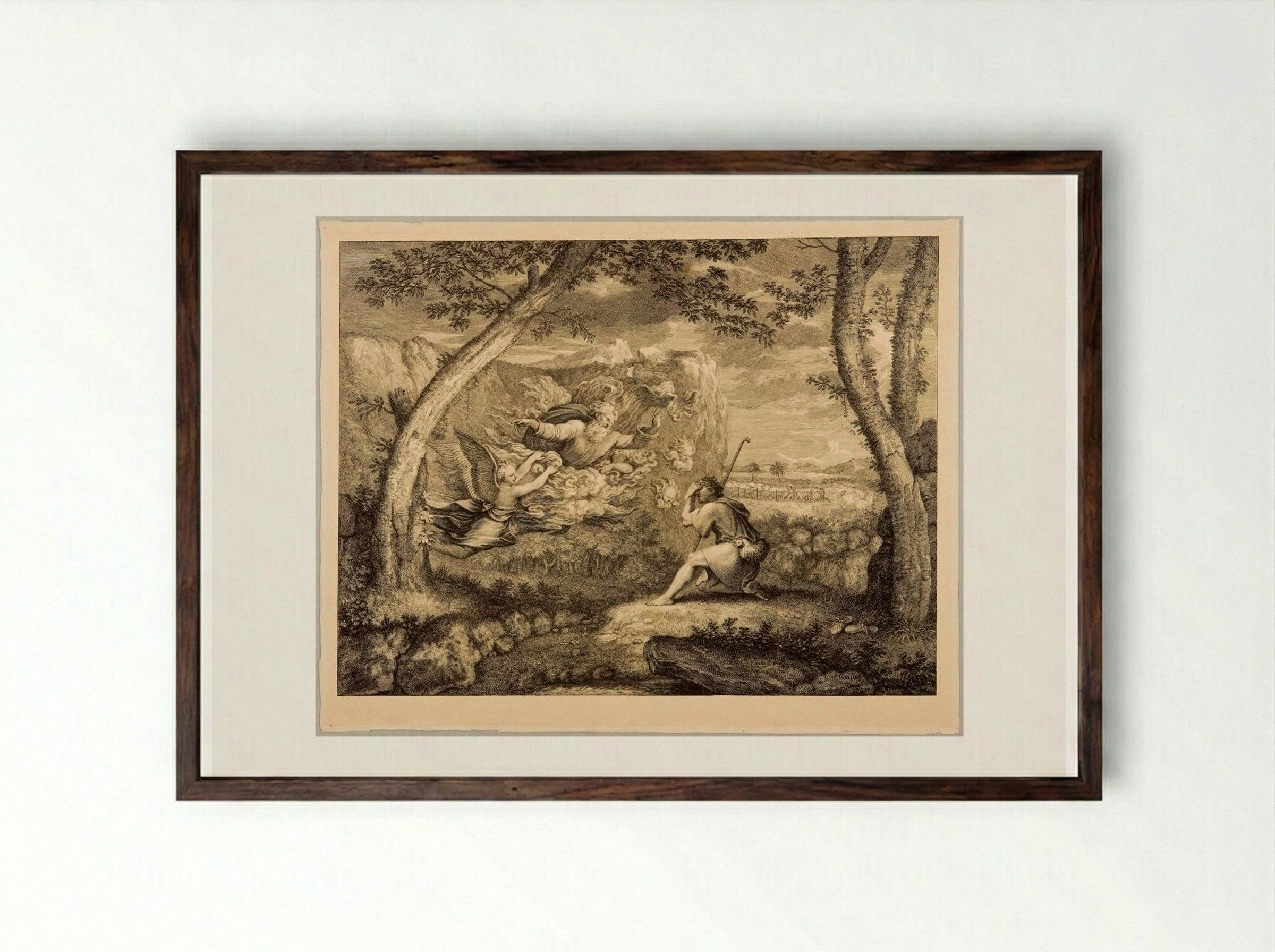 The Lord Speaking to Moses from the Burning Bush - Gérard Audran - Framed Print Dark Wood