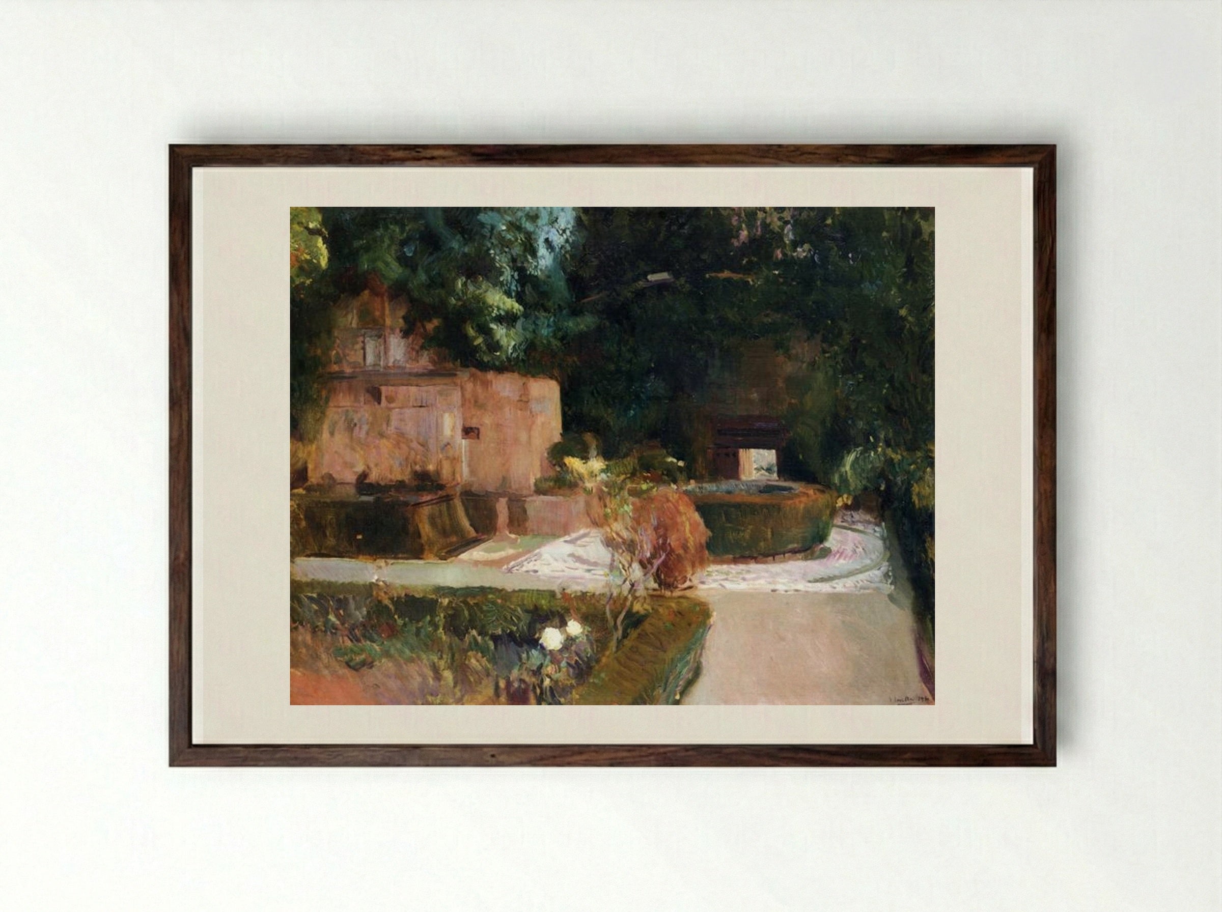 The Los Adarves Gardens, The Alhambra, Granada - Joaquín Sorolla - Framed Print Dark Wood