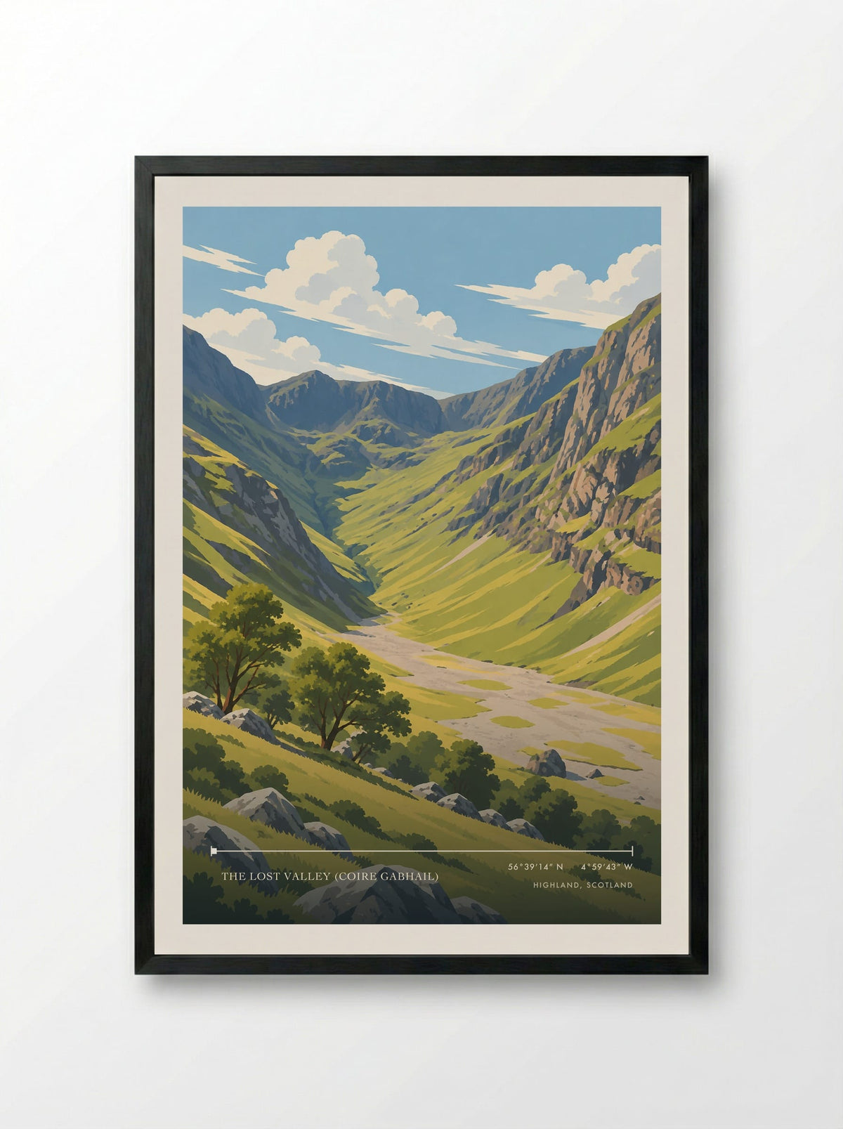 The Lost Valley (Coire Gabhail), Highland, Scotland | Travel Poster - Framed Print Black