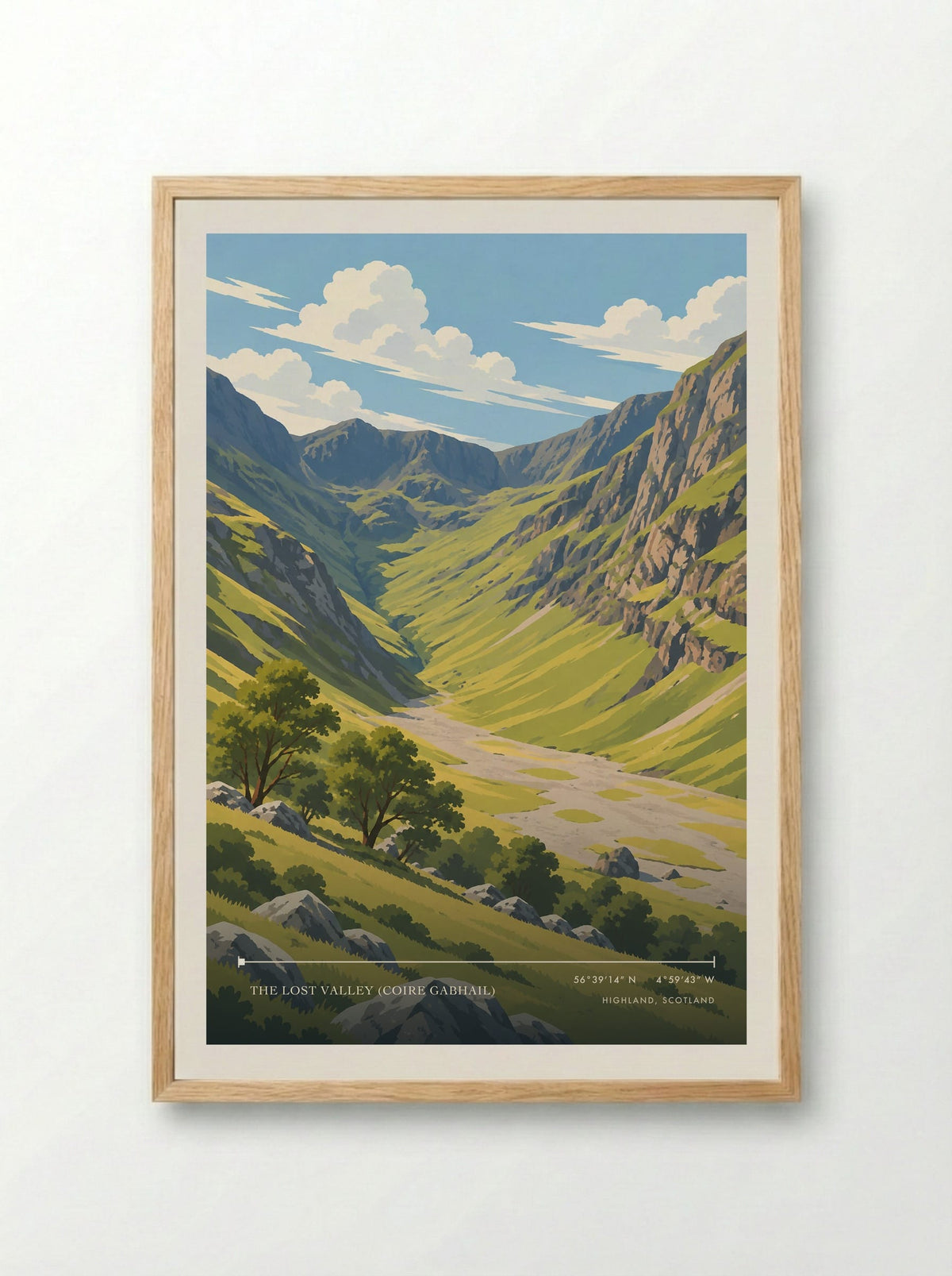 The Lost Valley (Coire Gabhail), Highland, Scotland | Travel Poster - Framed Print Wood