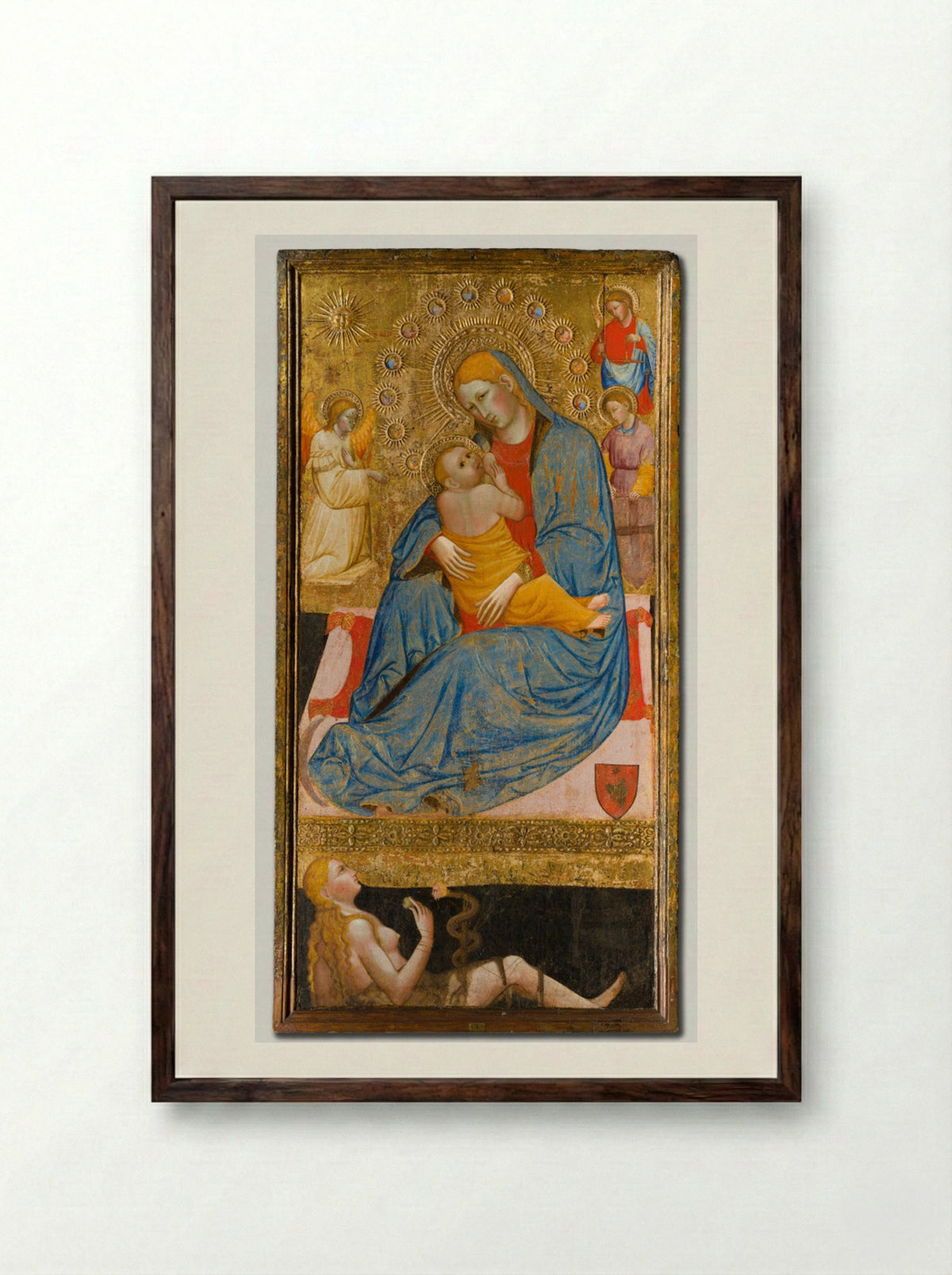 The Madonna of Humility with the Temptation of Eve - Olivuccio di Ciccarello - Framed Print Dark Wood