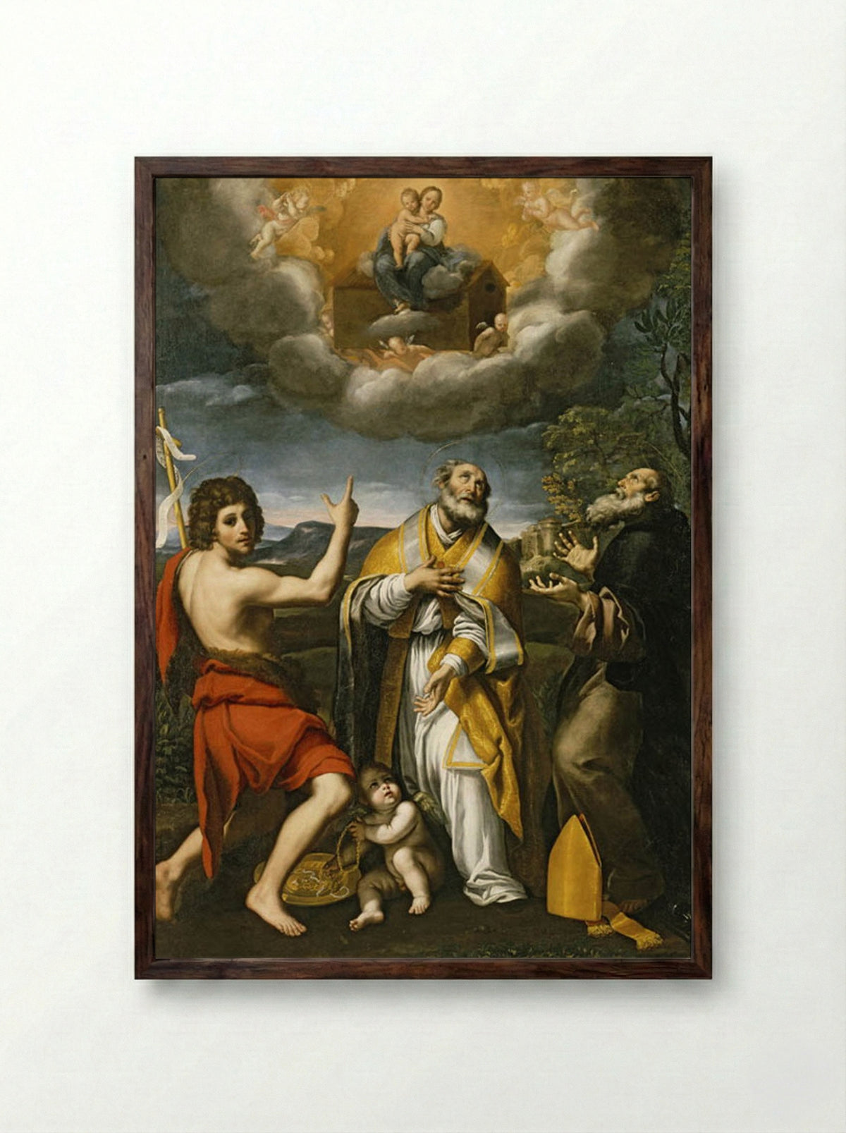 The Madonna of Loreto Appearing to St. John the Baptist, St. Eligius, and St. Anthony Abbot - Domenichino - Framed Print Dark Wood