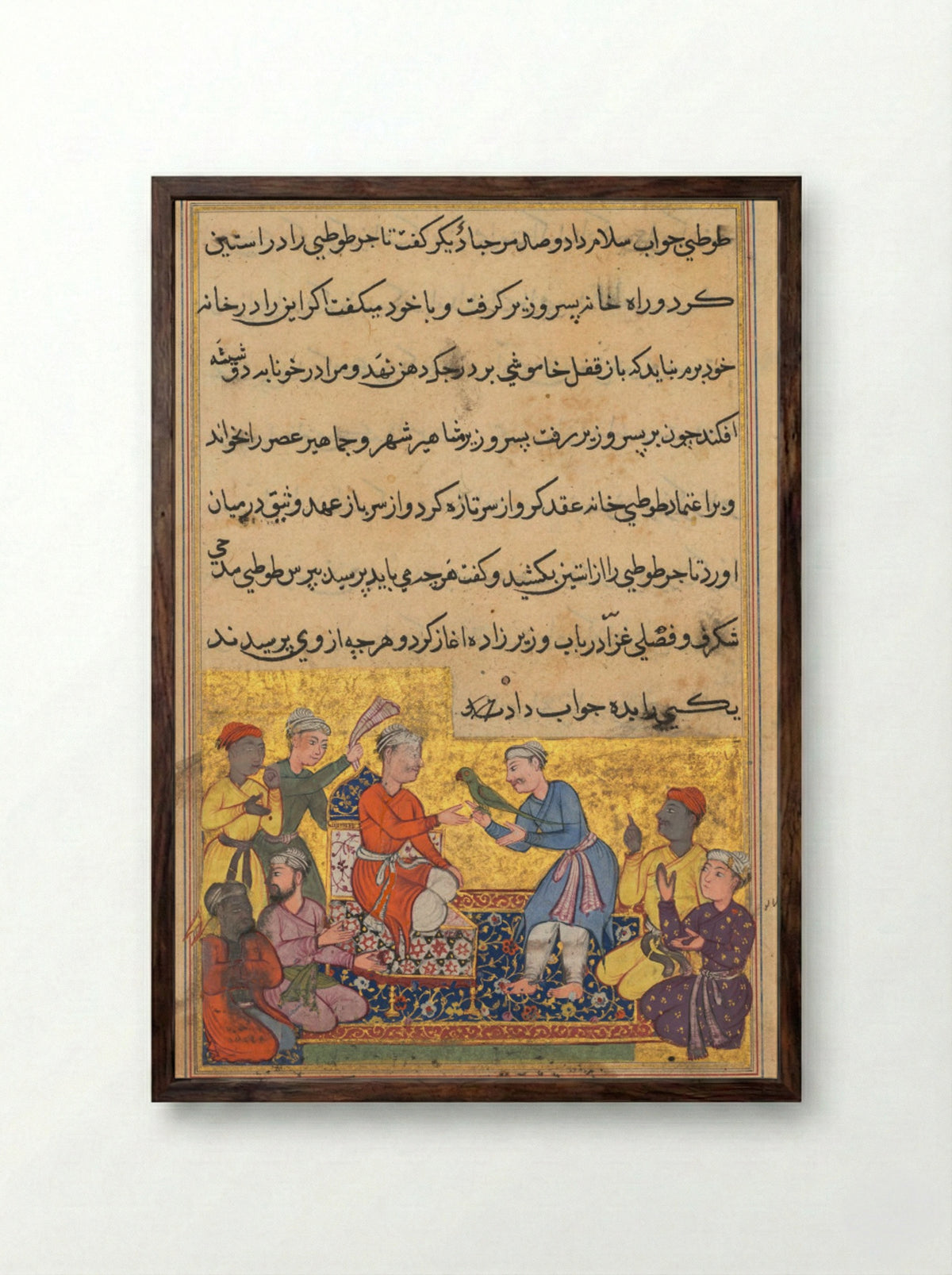 The Magic Parrot of the Merchant Talks to the Vizier’s Son - Lalu - Framed Print Dark Wood