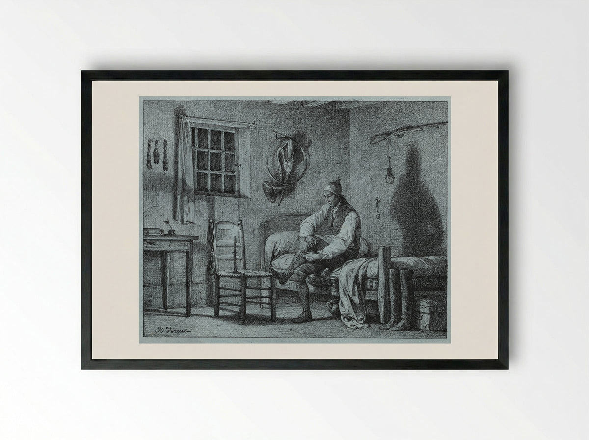 The Man-Servant of Limier Rising from Bed - Horace Vernet - Framed Print Black