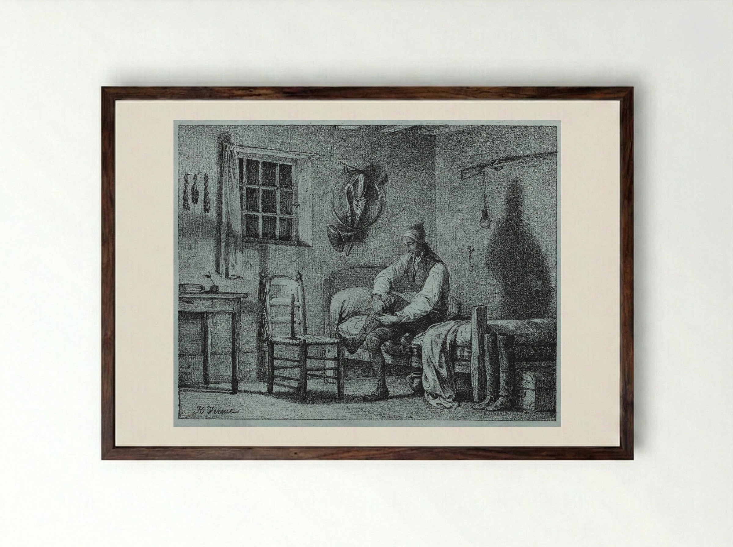 The Man-Servant of Limier Rising from Bed - Horace Vernet - Framed Print Dark Wood