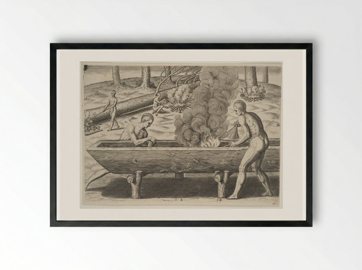 The Manner of Making their Boats - Theodor de Bry - Framed Print Black