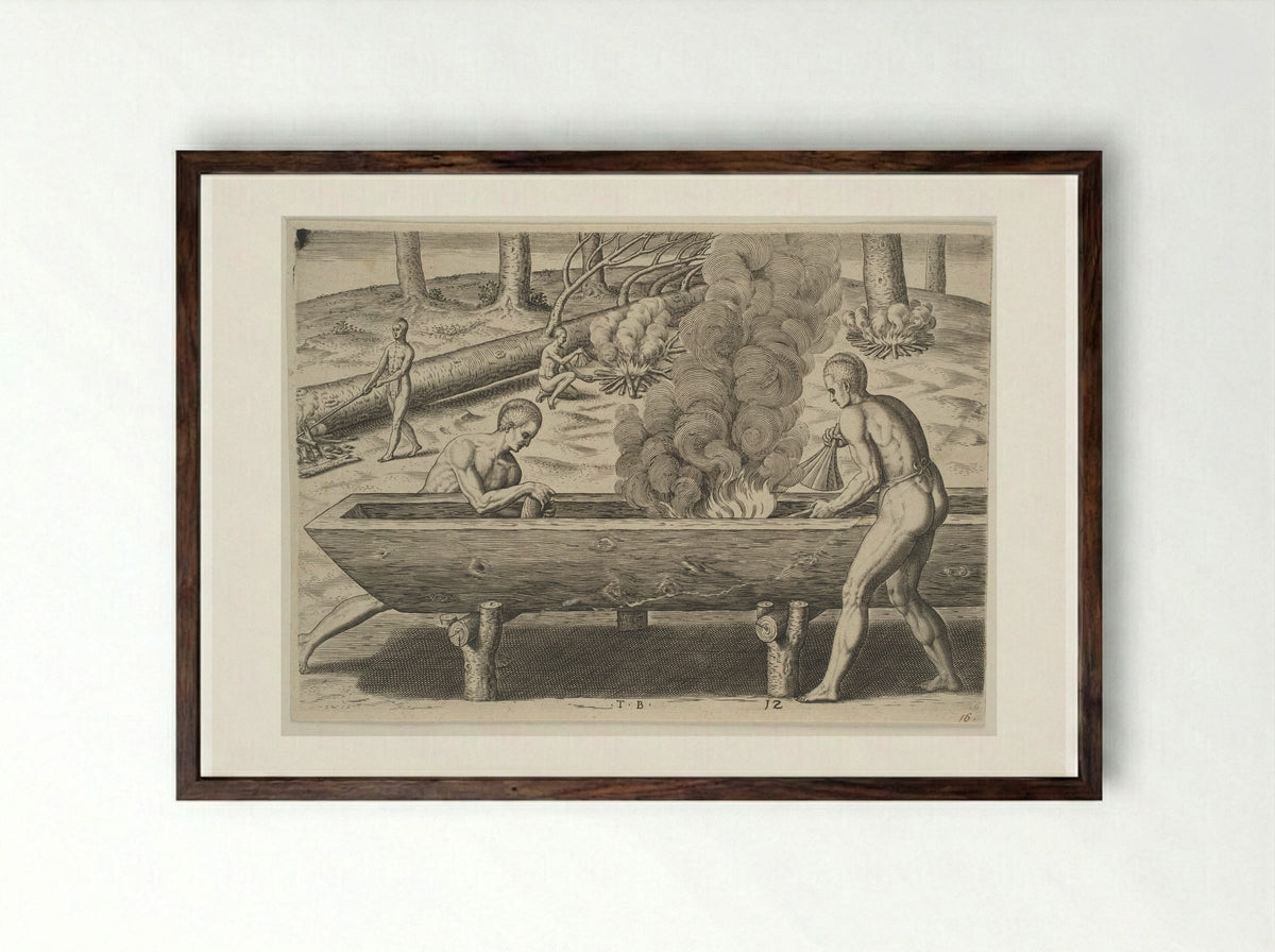 The Manner of Making their Boats - Theodor de Bry - Framed Print Dark Wood