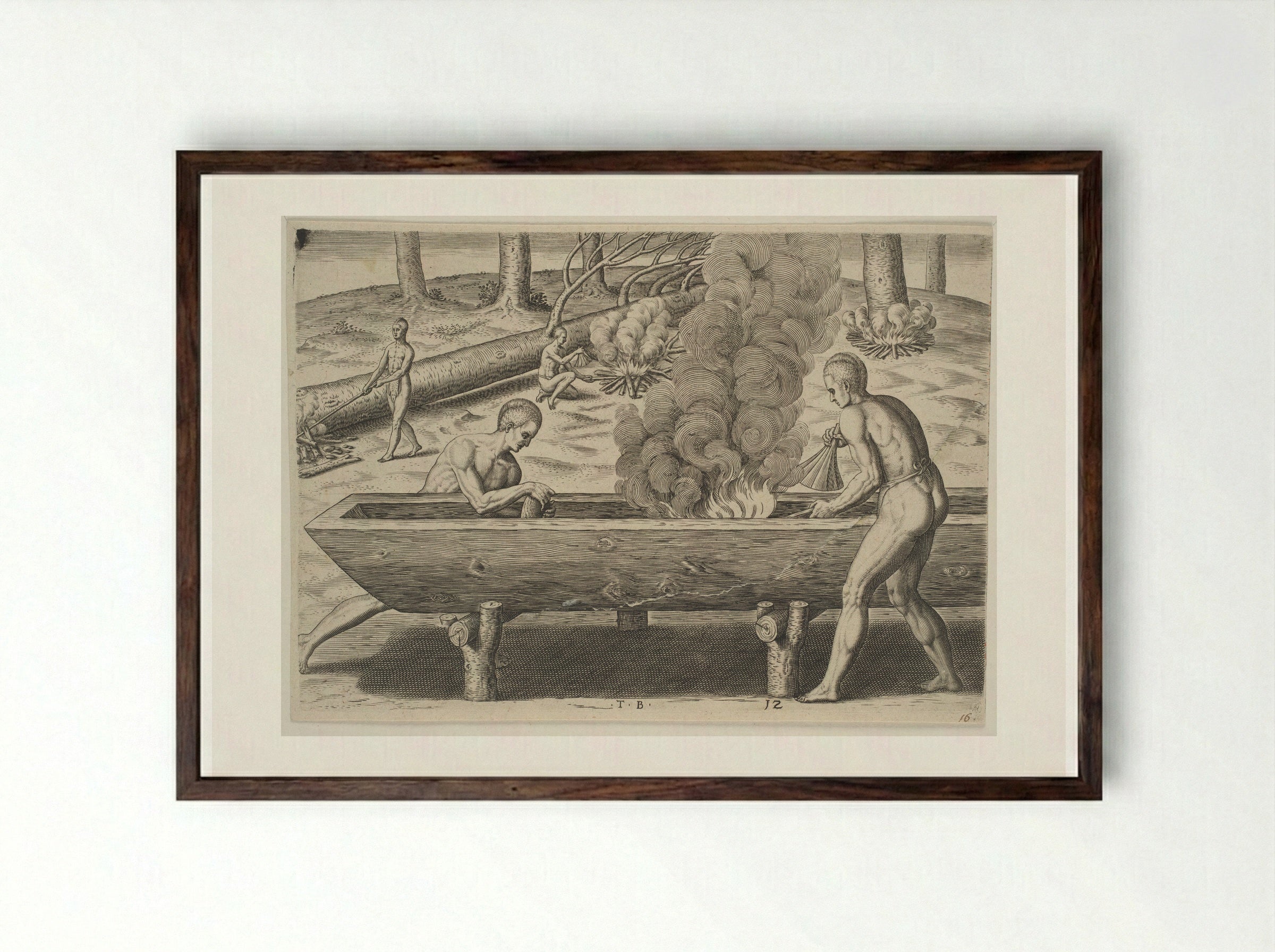 The Manner of Making their Boats - Theodor de Bry - Framed Print Dark Wood