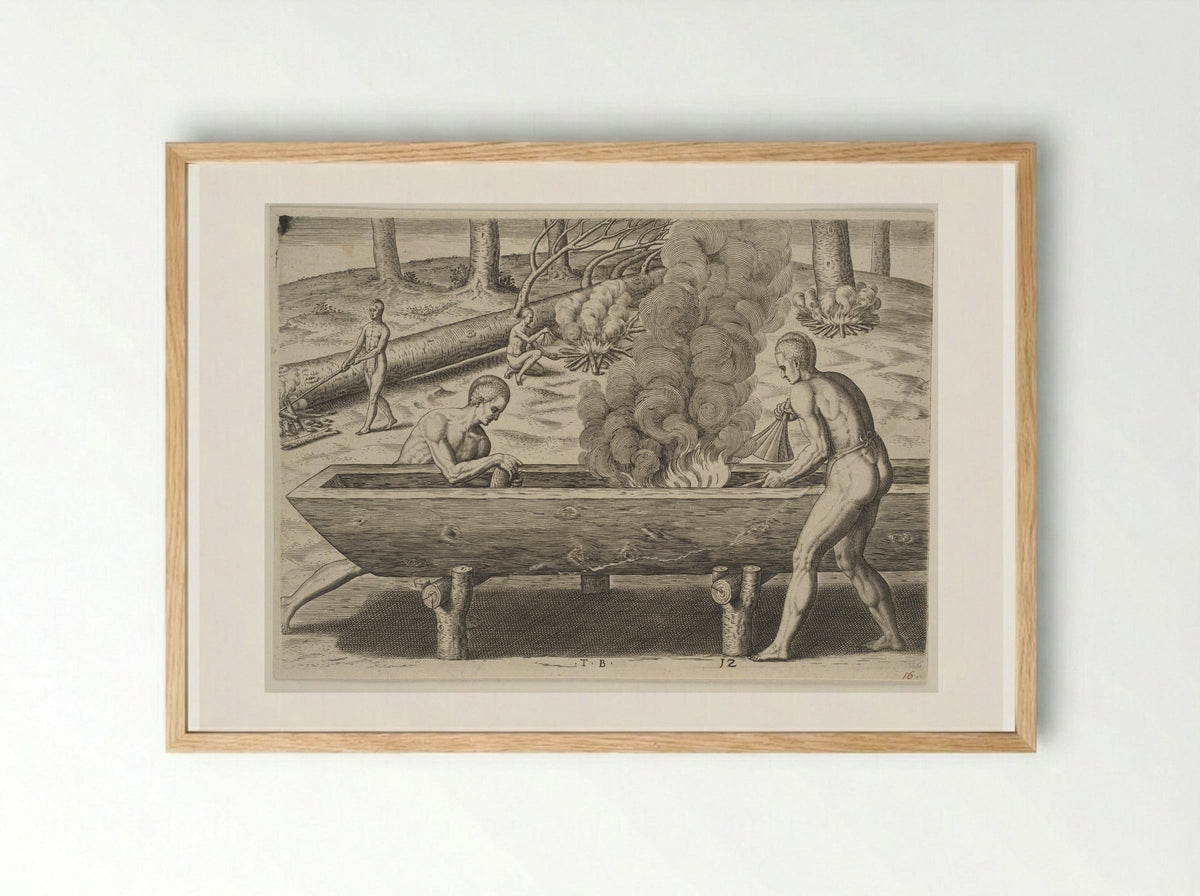 The Manner of Making their Boats - Theodor de Bry - Framed Print Wood