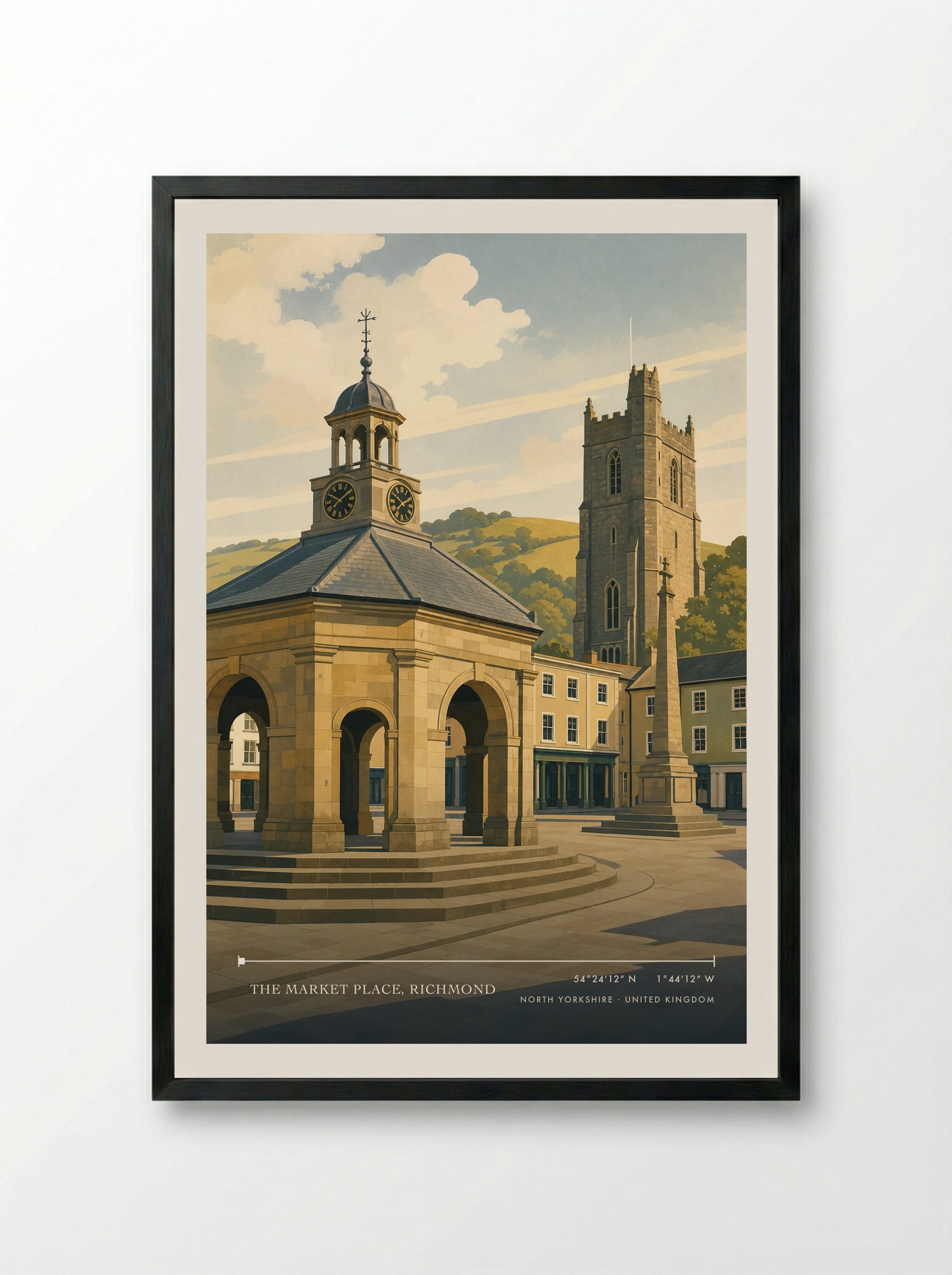The Market Place, Richmond North Yorkshire United Kingdom Travel Poster - Framed Print Black
