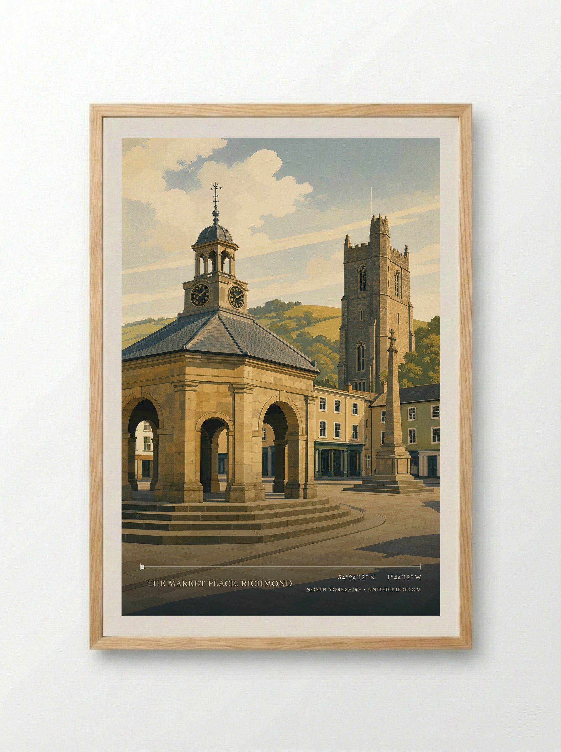 The Market Place, Richmond North Yorkshire United Kingdom Travel Poster - Framed Print Wood