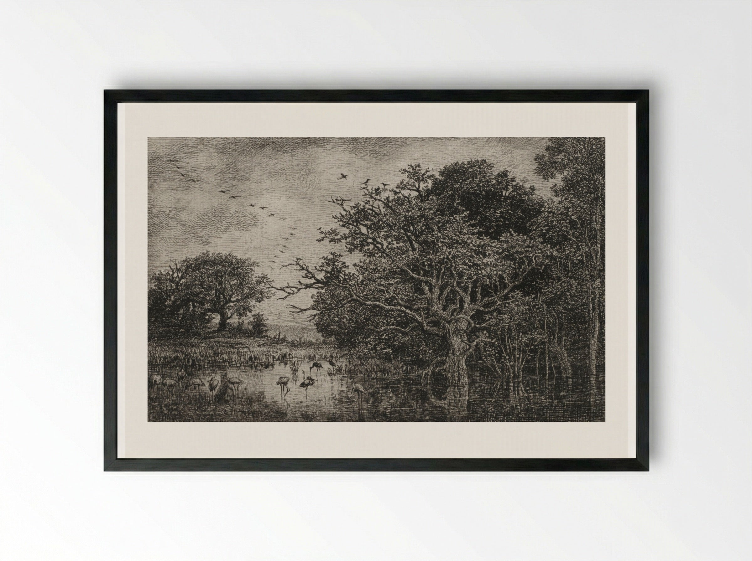 The Marsh with Storks - Charles François Daubigny - Framed Print Black