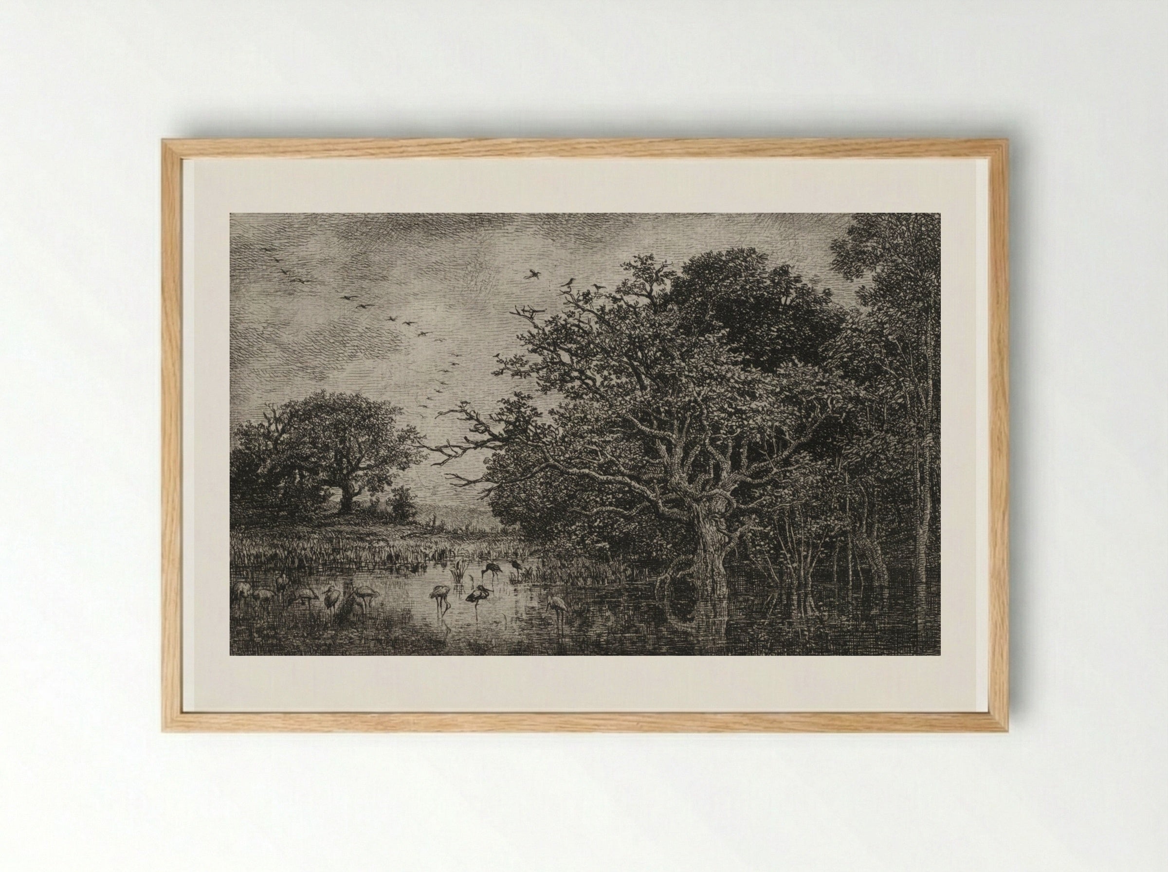 The Marsh with Storks - Charles François Daubigny - Framed Print Wood