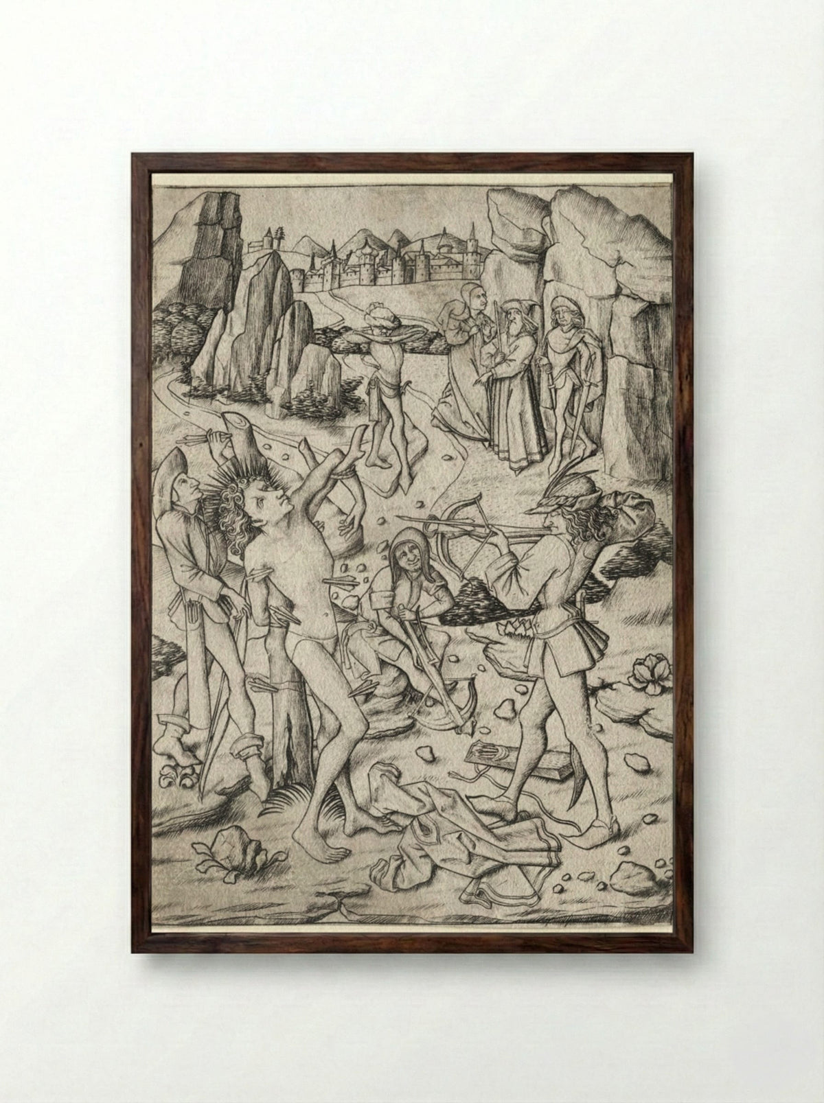 The Martyrdom of St. Sebastian - Master ES - Framed Print Dark Wood