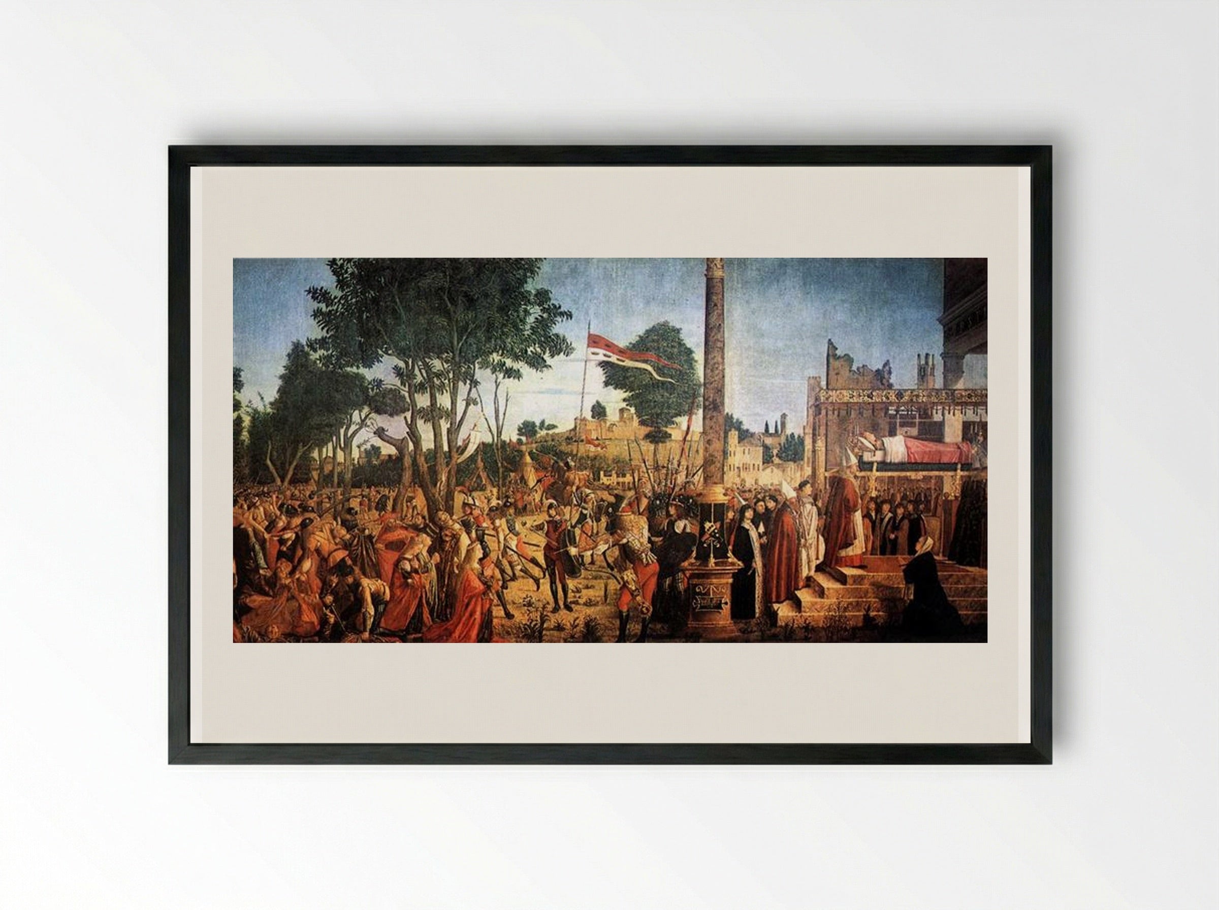 The Martyrdom of the Pilgrims and the Funeral of St. Ursula - Vittore Carpaccio - Framed Print Black