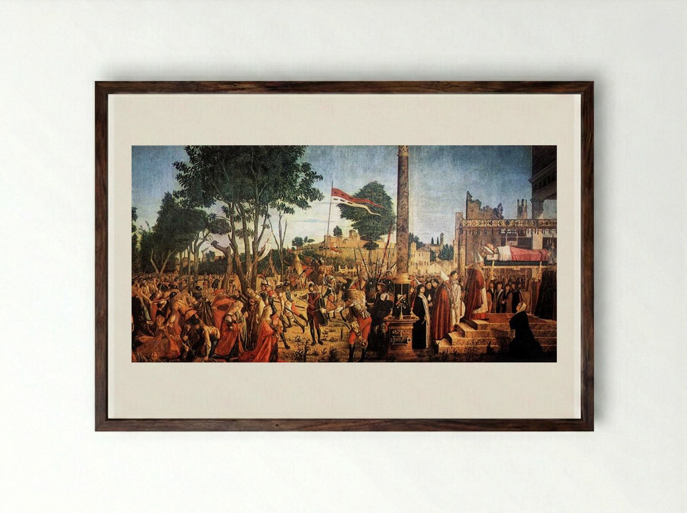 The Martyrdom of the Pilgrims and the Funeral of St. Ursula - Vittore Carpaccio - Framed Print Dark Wood