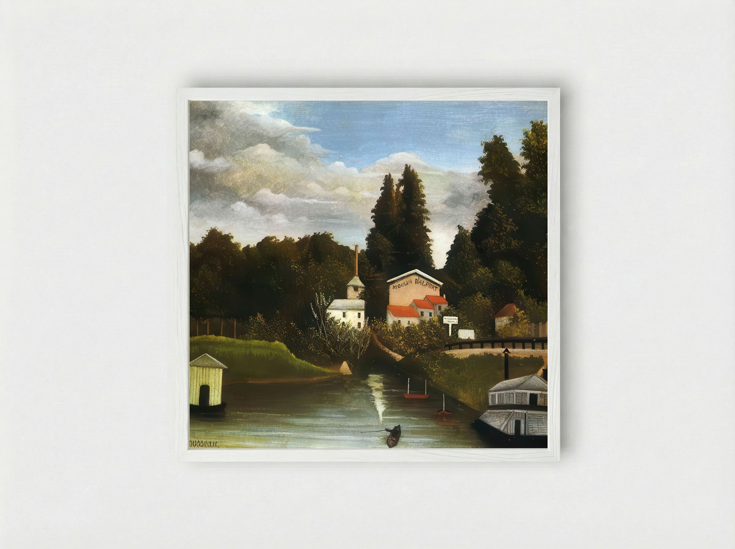 The Mill by Henri Rousseau – Naïve Art Village Landscape Print - Framed Print White