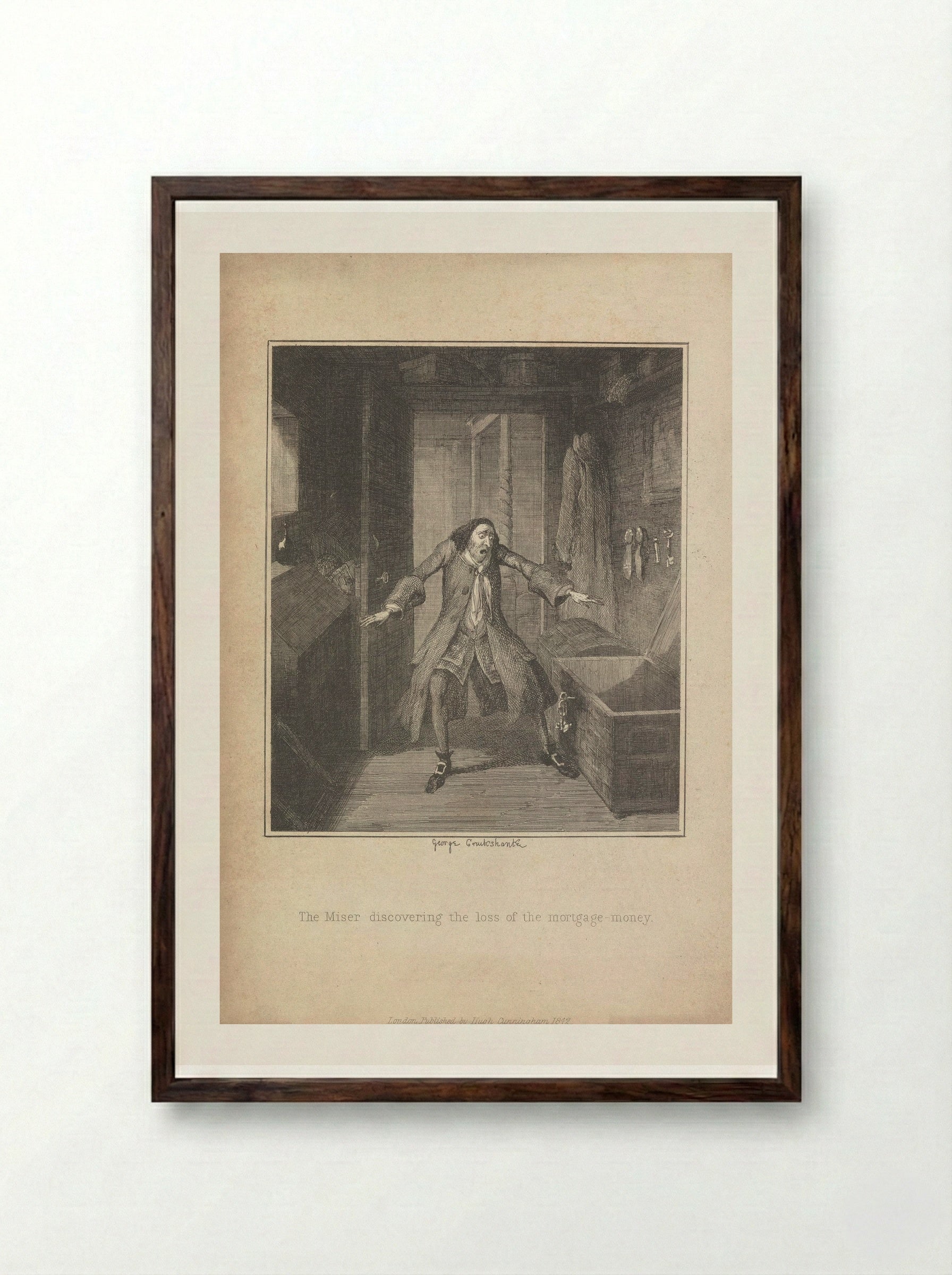 The Miser Discovering the Loss of the Mortgage Money - George Cruikshank - Framed Print Dark Wood