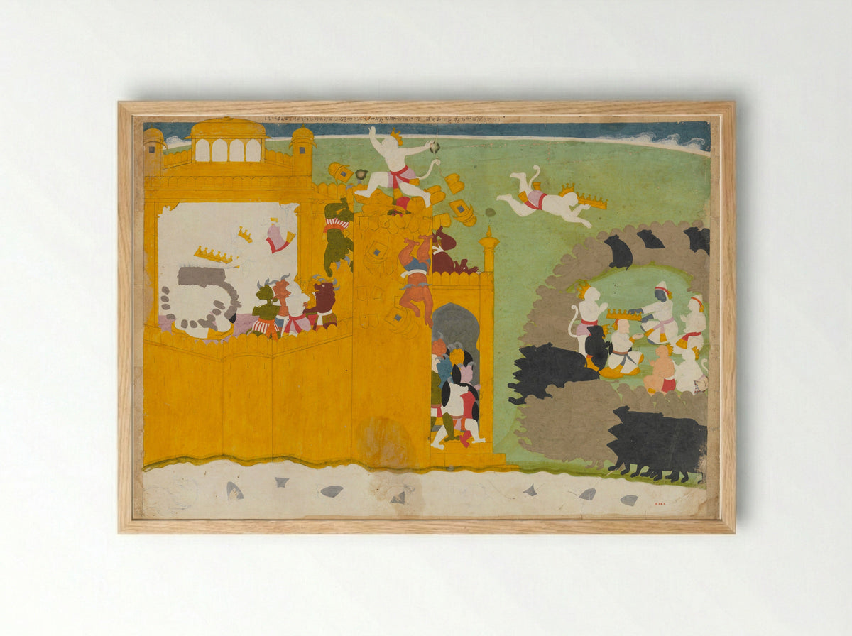 The Monkey Leader Angada Steals Ravana's Crown from His Fortress - Manaku - Framed Print Wood