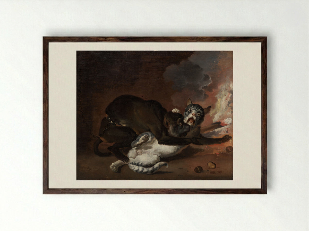 The Monkey and the Cat - Abraham Hondius - Framed Print Dark Wood