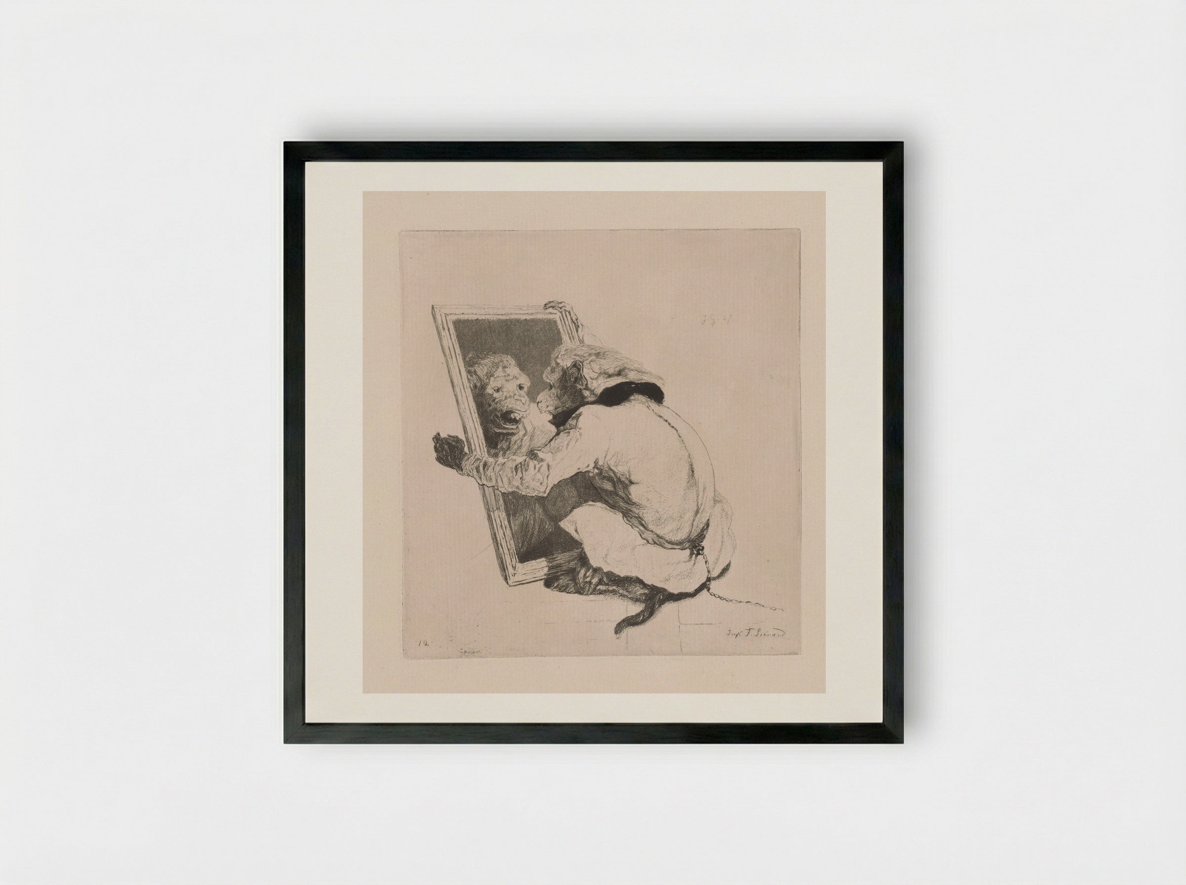The Monkey at the Mirror - Jules de Goncourt - Framed Print Black