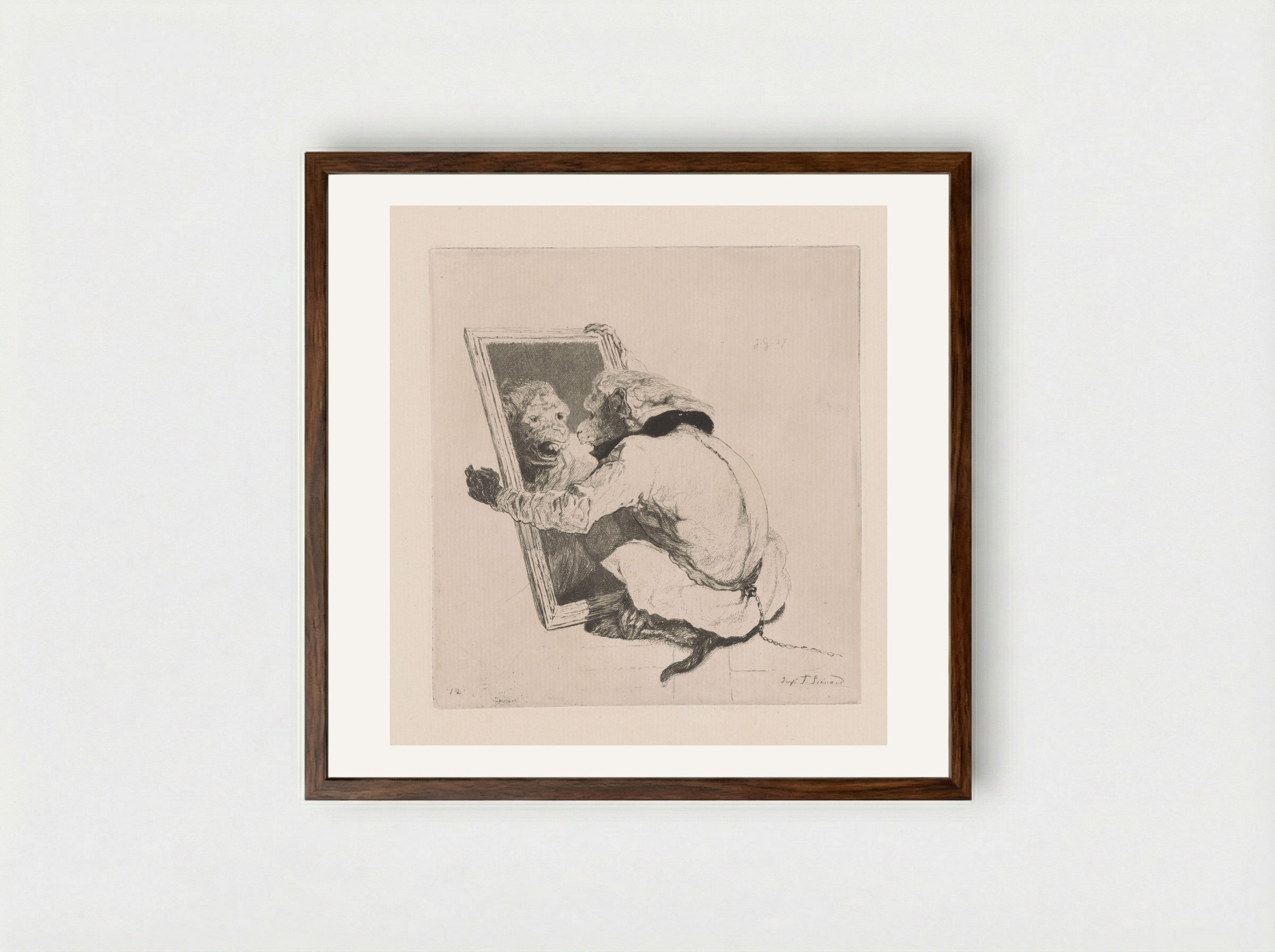 The Monkey at the Mirror - Jules de Goncourt - Framed Print Dark Wood