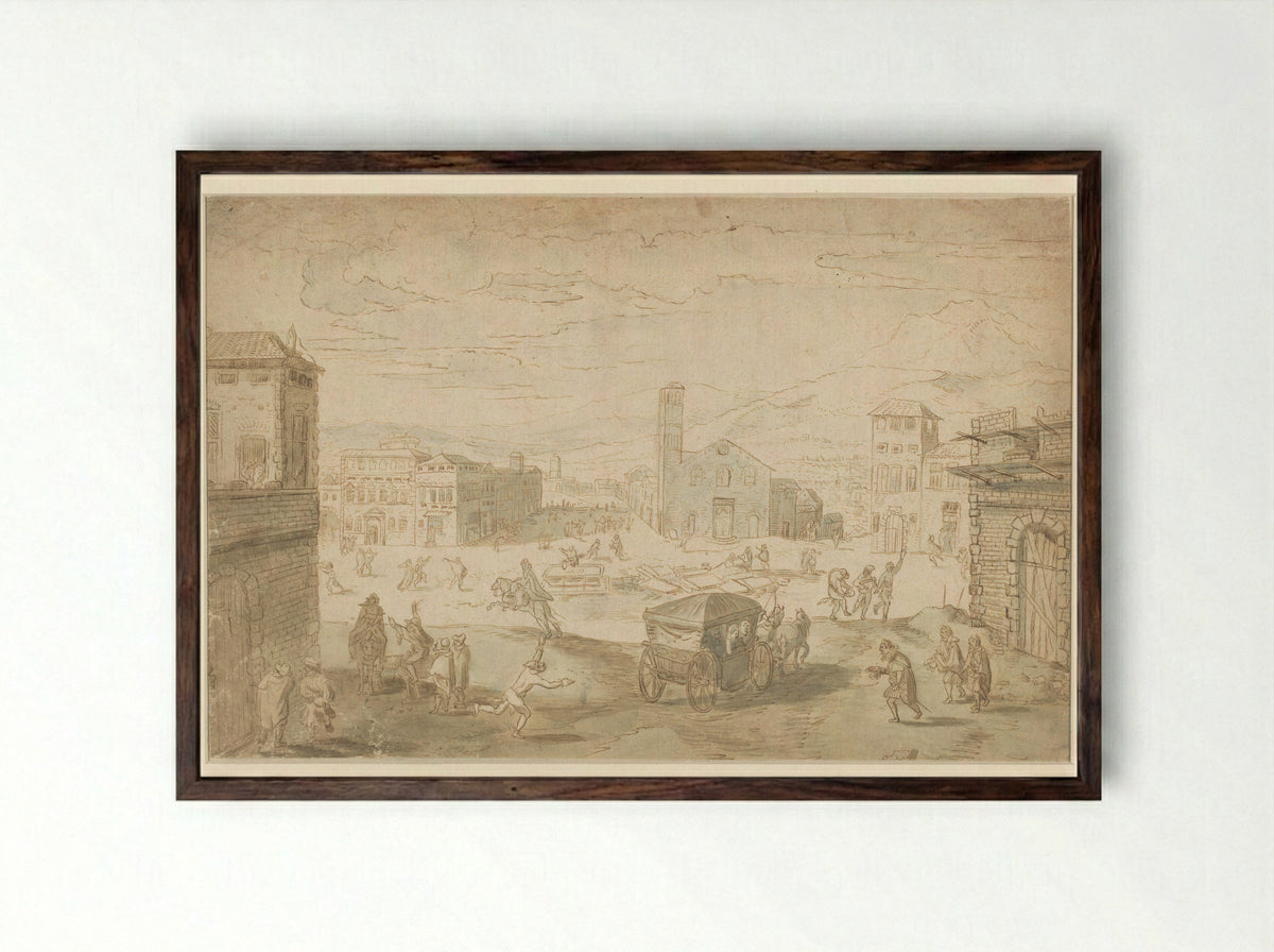 The Month of February: Carnival Scene on an Italian Square - Jan Wildens - Framed Print Dark Wood