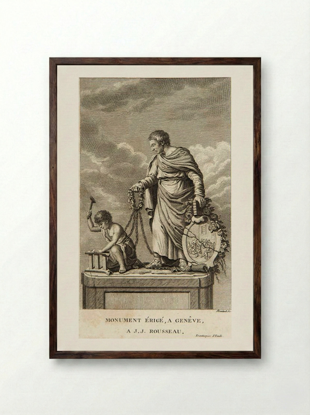 The Monument to Jean-Jacques Rousseau in Geneva - Edme Bovinet - Framed Print Dark Wood