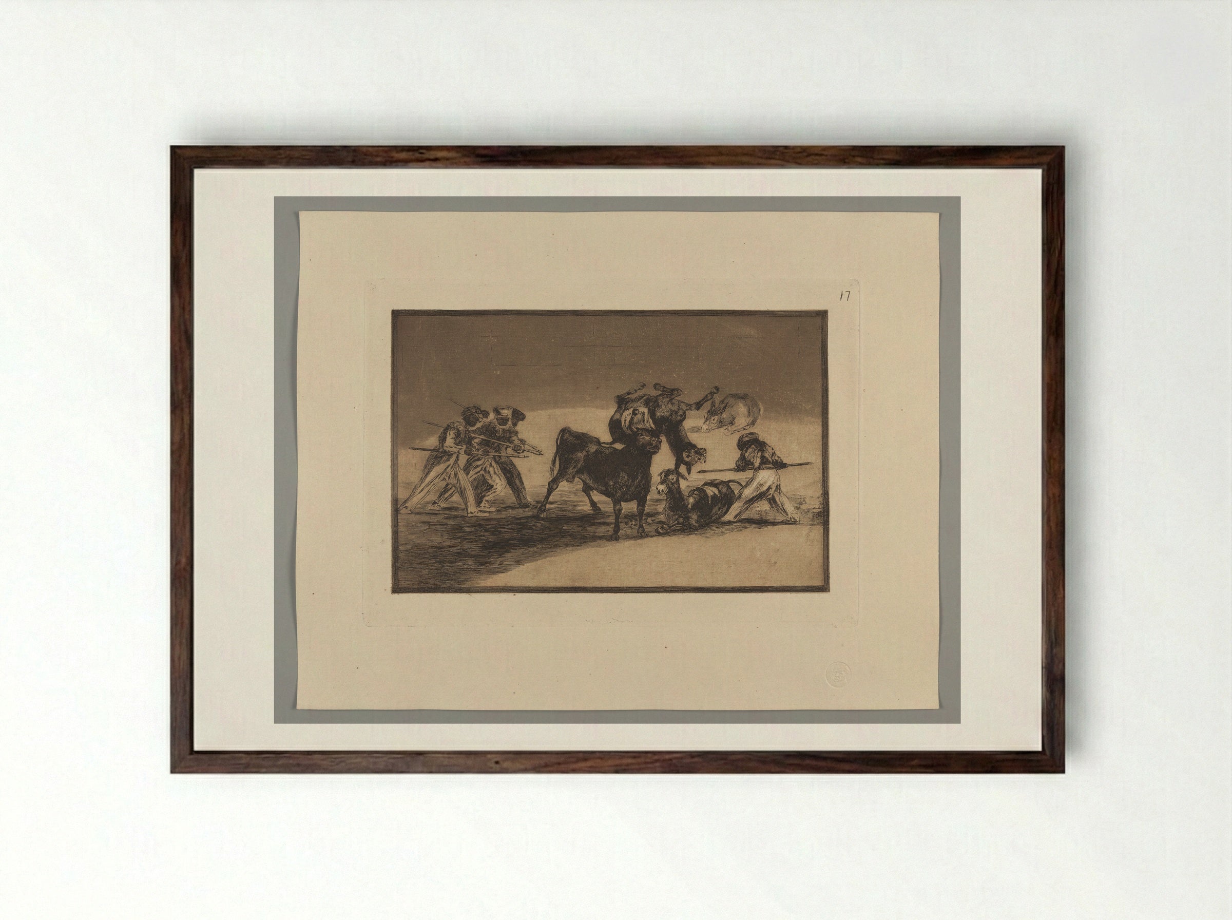 The Moors Use Donkeys as a Barrier to Defend Themselves against the Bull Whose Horns Have Been Tipped with Balls - Francisco José de Goya y Lucientes - Framed Print Dark Wood
