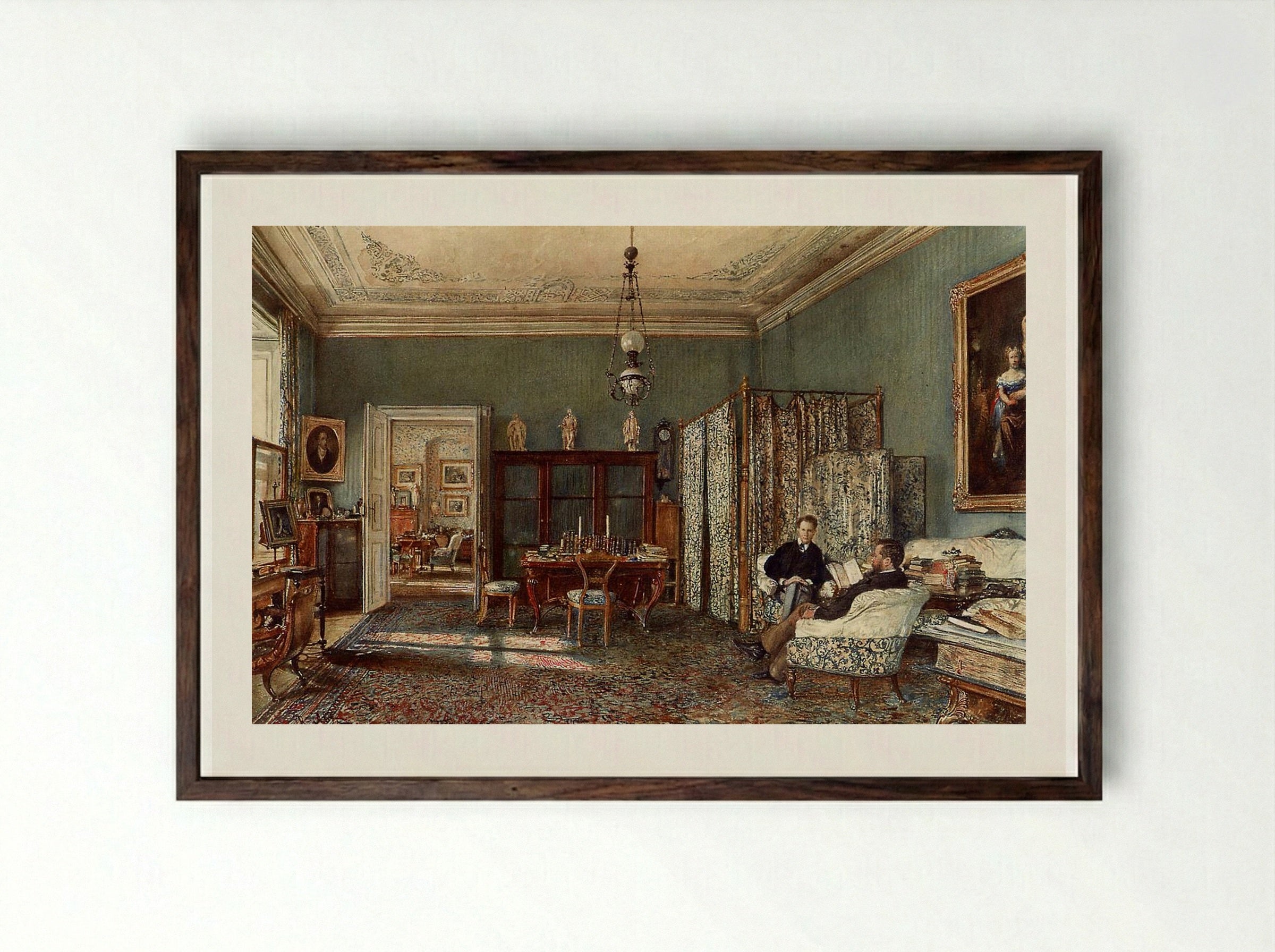 The Morning Room of the Palais Lanckoronski, Vienna - Rudolf von Alt - Framed Print Dark Wood