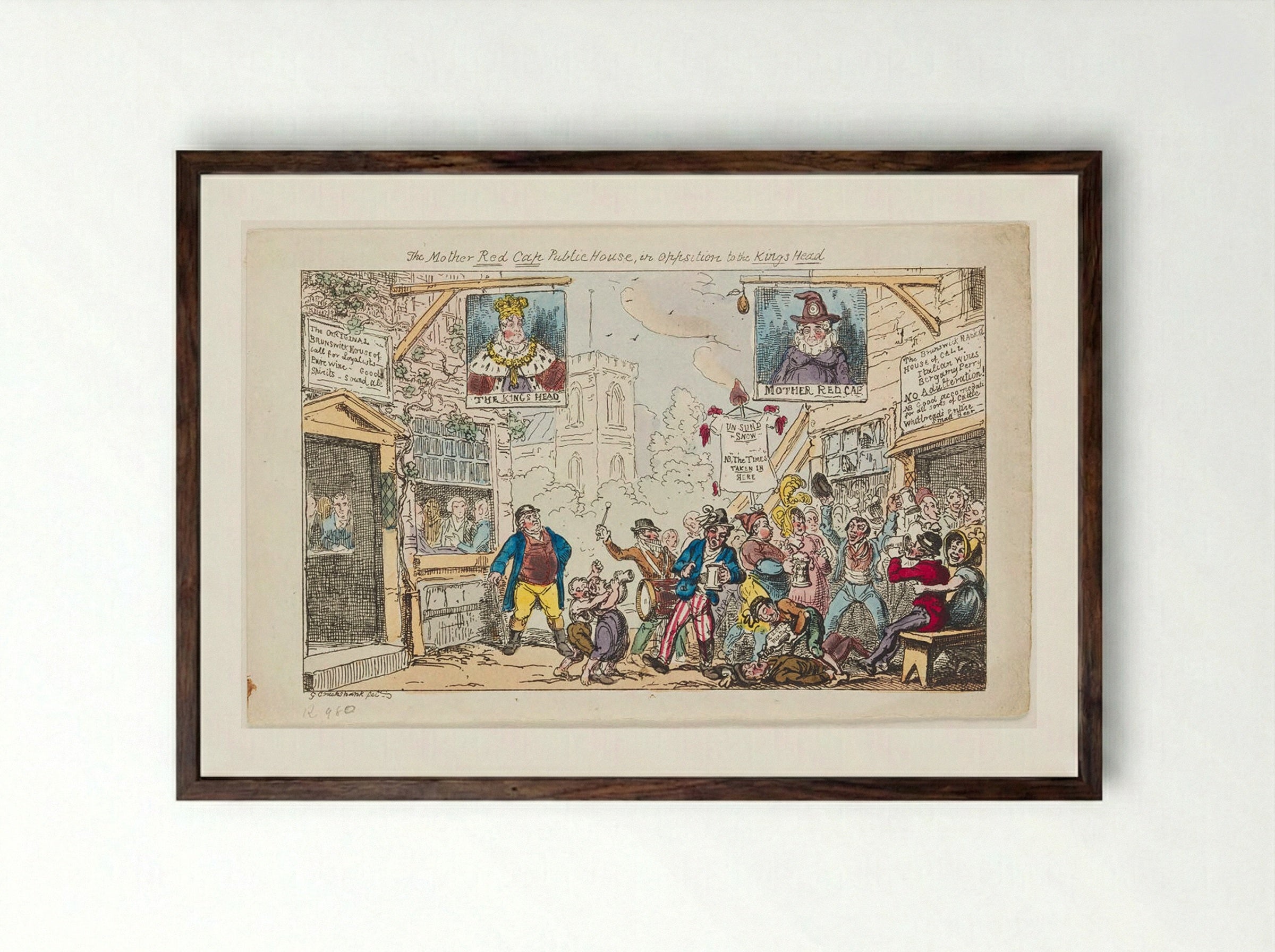 The Mother Red Cap Public House, in Opposition to the Kings Head - George Cruikshank - Framed Print Dark Wood
