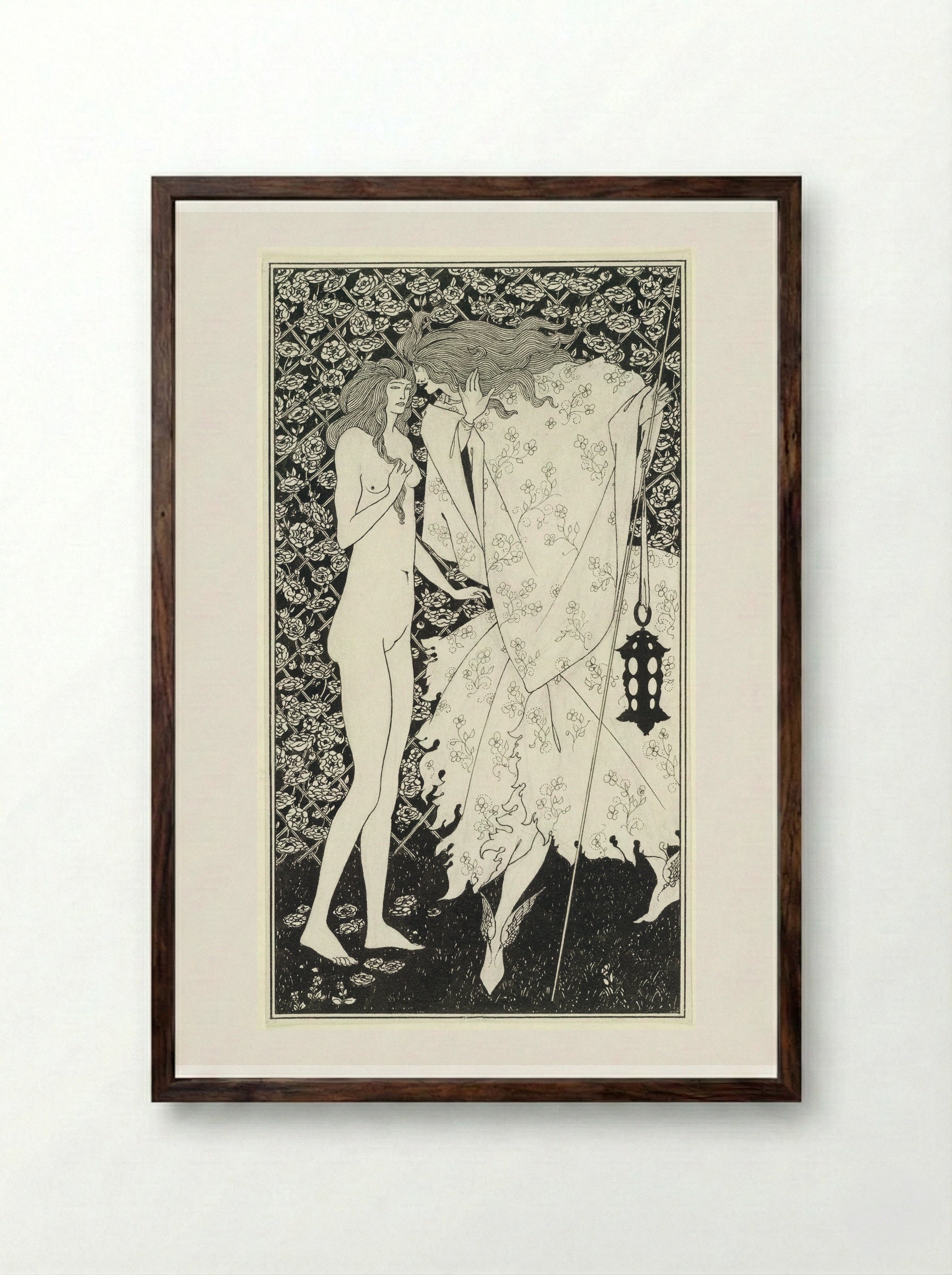 The Mysterious Rose Garden - Aubrey Vincent Beardsley - Framed Print Dark Wood