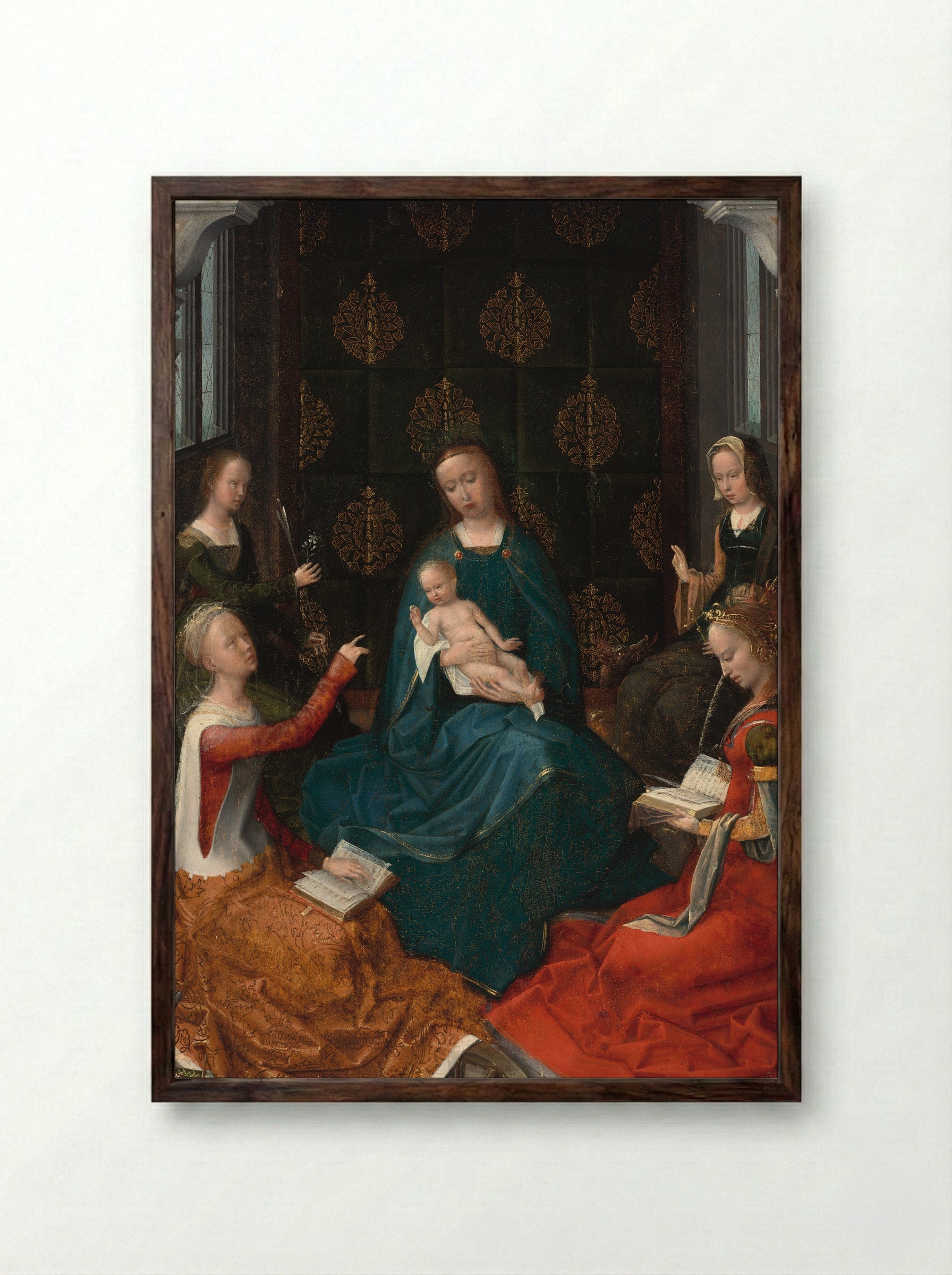 The Mystic Marriage of Saint Catherine of Alexandria with Three Female Saints - Adriaen Isenbrant - Framed Print Dark Wood