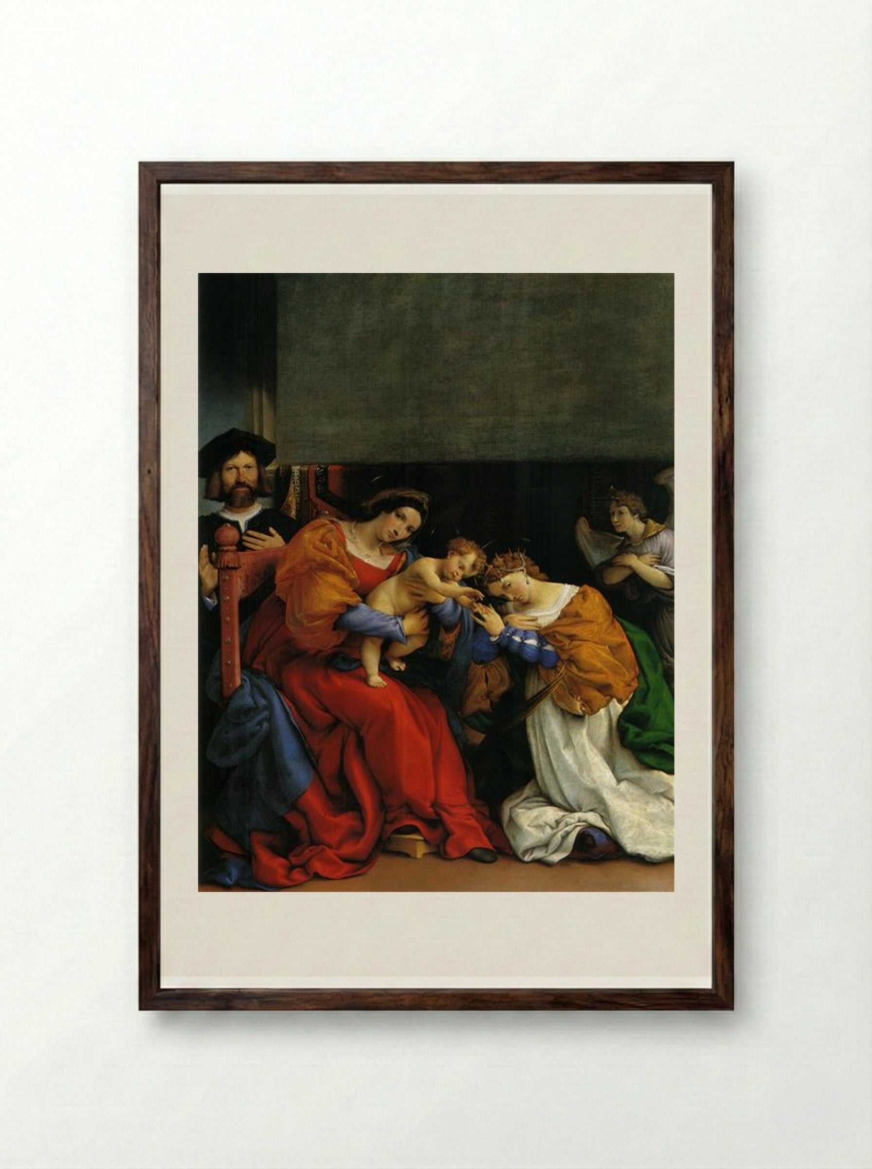 The Mystic Marriage of St. Catherine with the patron Niccolo Bonghi - Lorenzo Lotto - Framed Print Dark Wood